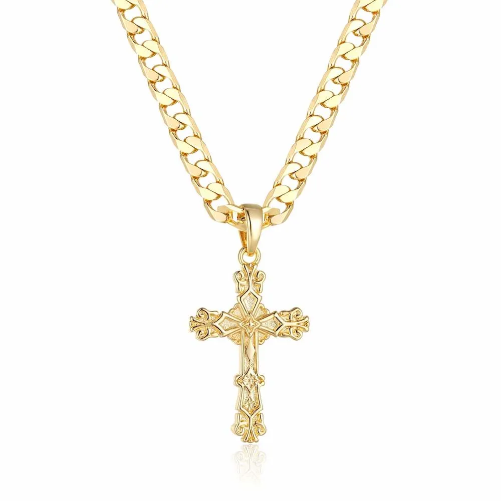 Gold Filled Bonded Filigree Cross Pendant 22 Inch 4mm Cuban Chain