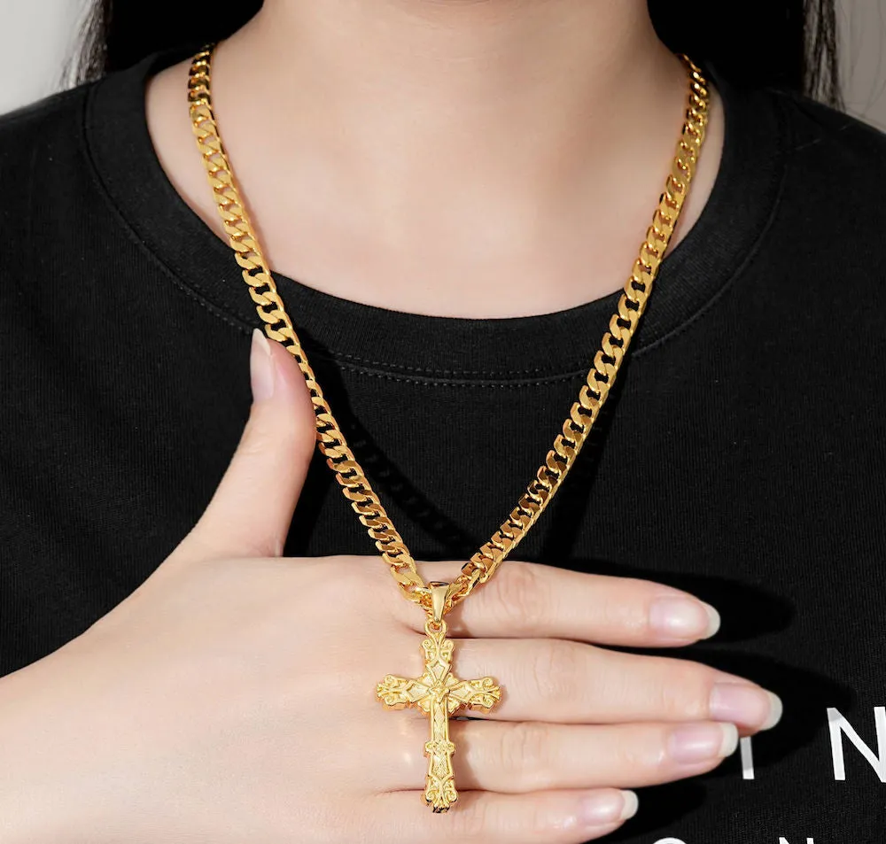 Gold Filled Bonded Filigree Cross Pendant 22 Inch 4mm Cuban Chain