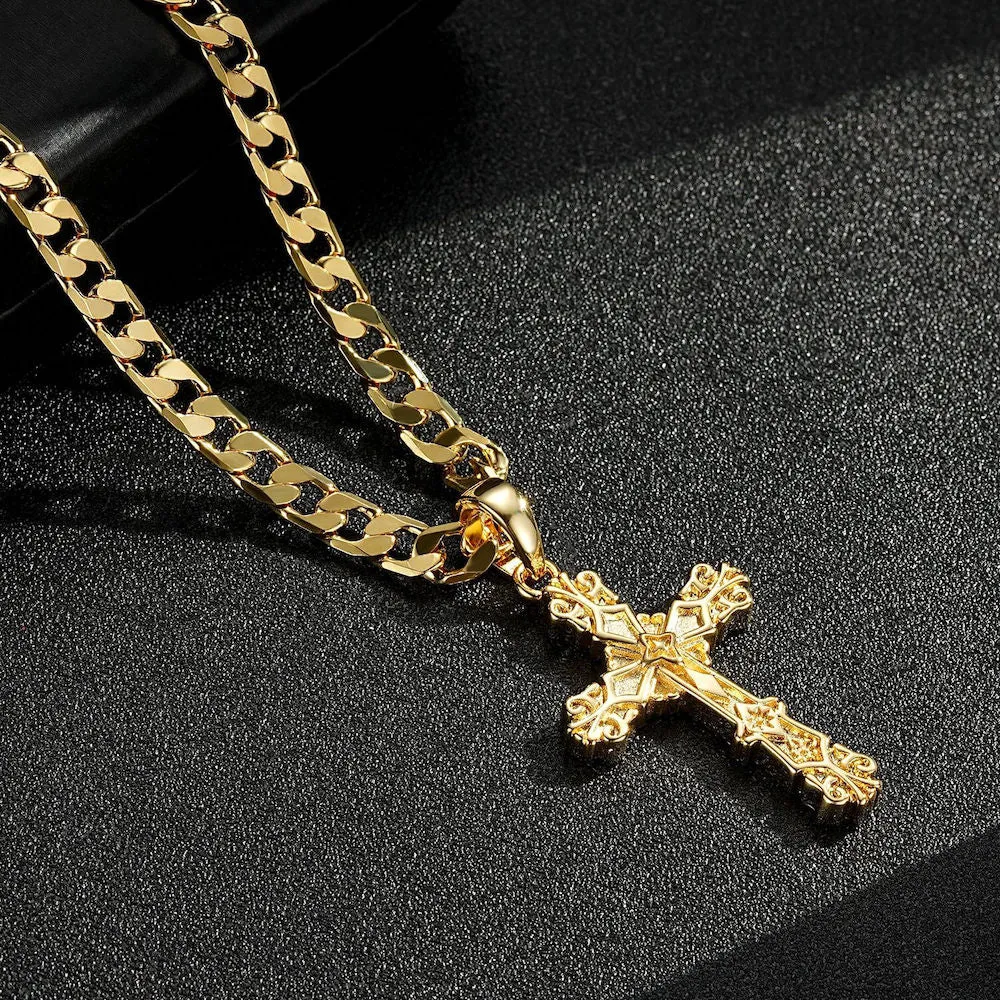 Gold Filled Bonded Filigree Cross Pendant 22 Inch 4mm Cuban Chain