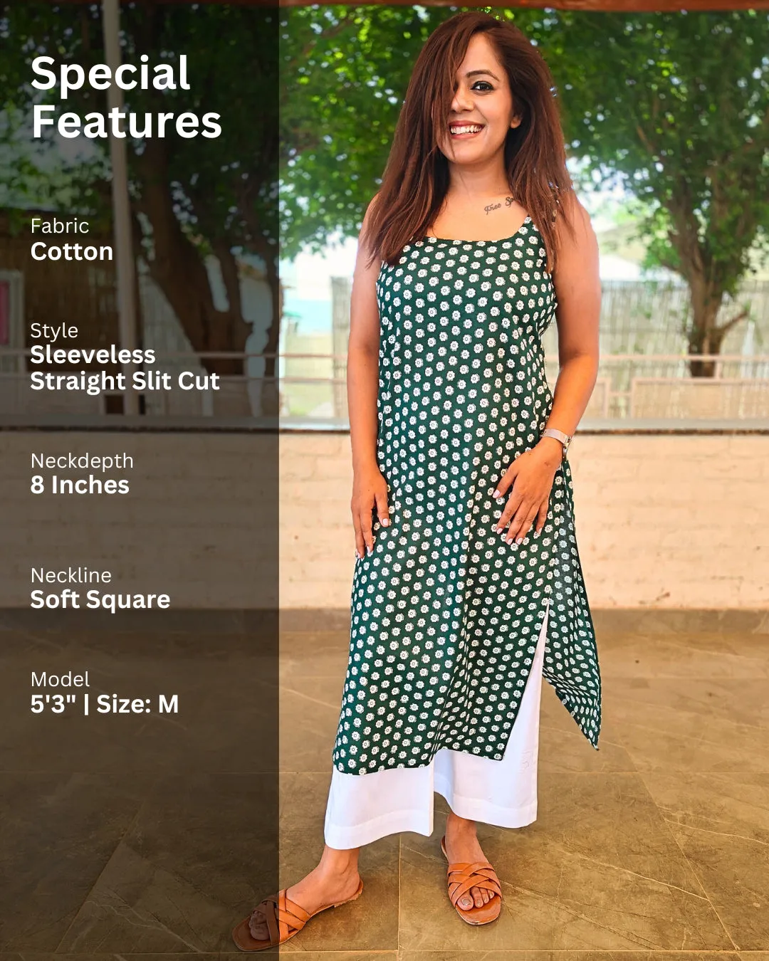Green Sleeveless Square Neck Cotton Kurta