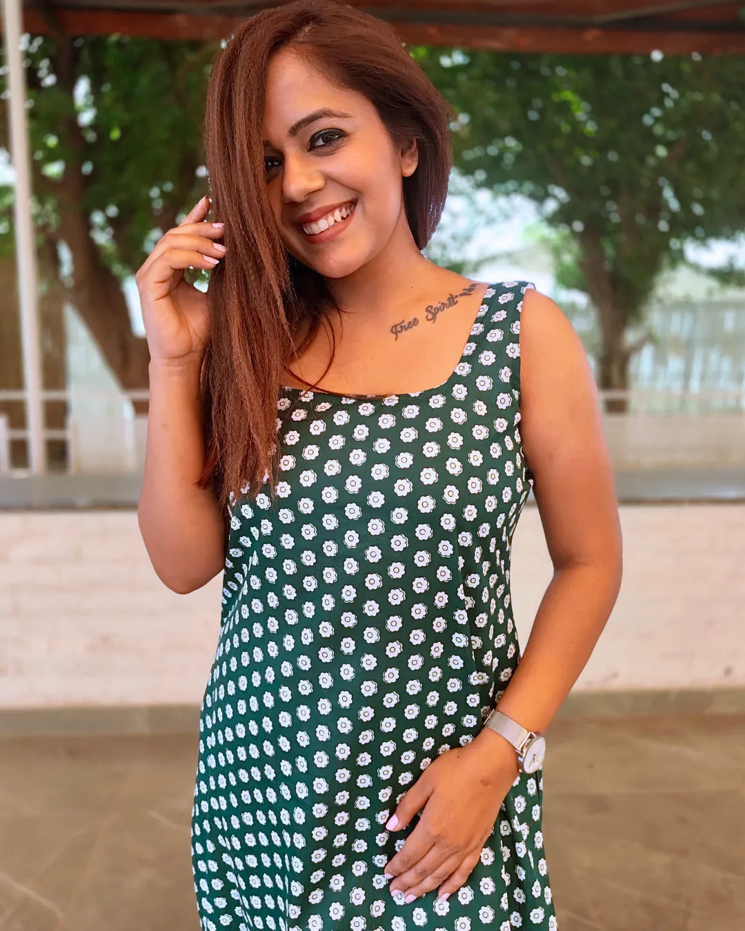 Green Sleeveless Square Neck Cotton Kurta