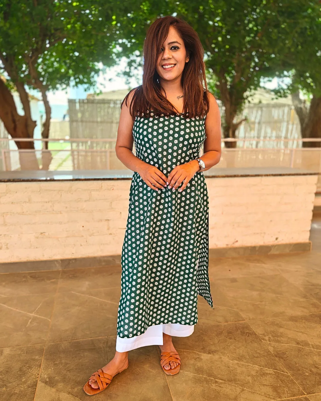 Green Sleeveless Square Neck Cotton Kurta