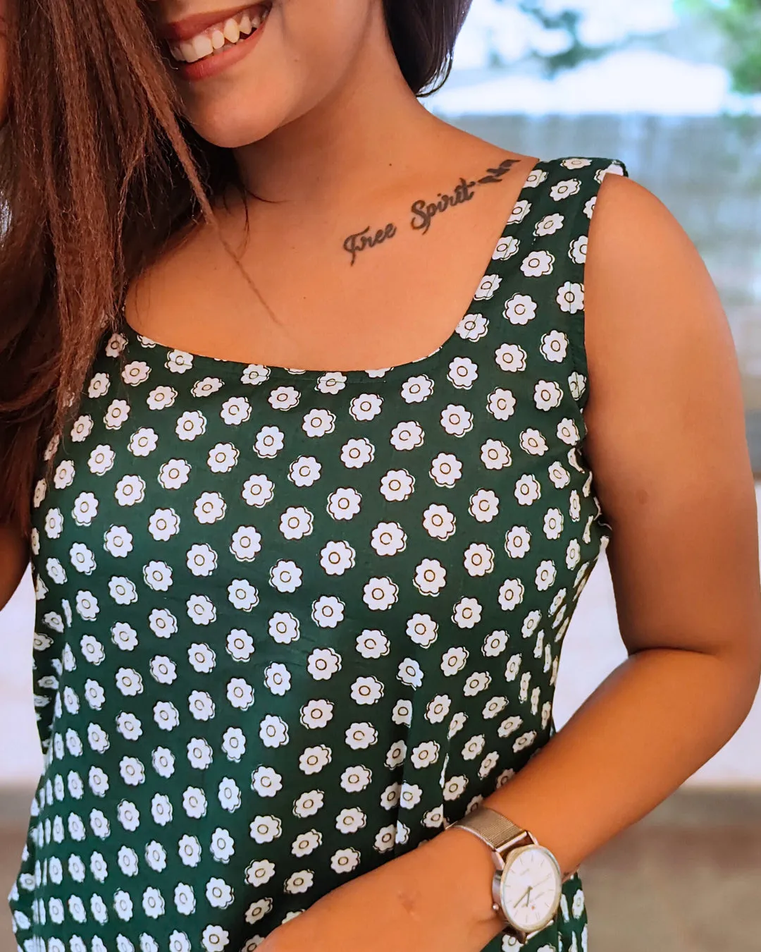 Green Sleeveless Square Neck Cotton Kurta