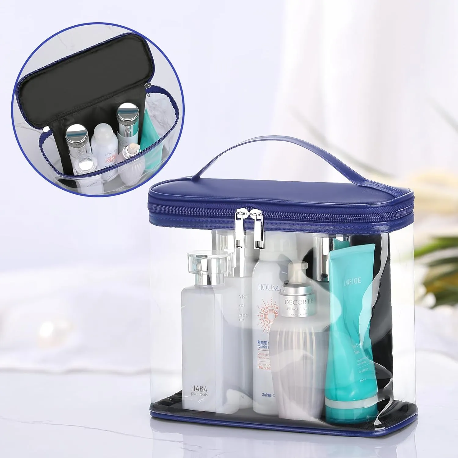 HAOGUAGUA Heavy Duty Leak Proof Clear Travel Bags for Toiletries, Transparent Makeup Cosmetic Bag with Zipper and Handle (1PCS BLUE, Large)