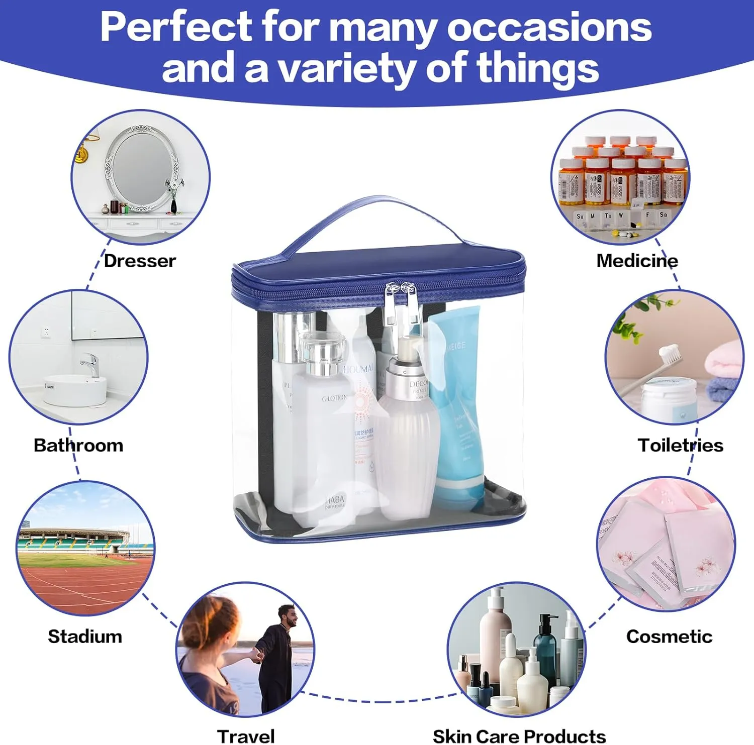 HAOGUAGUA Heavy Duty Leak Proof Clear Travel Bags for Toiletries, Transparent Makeup Cosmetic Bag with Zipper and Handle (1PCS BLUE, Large)