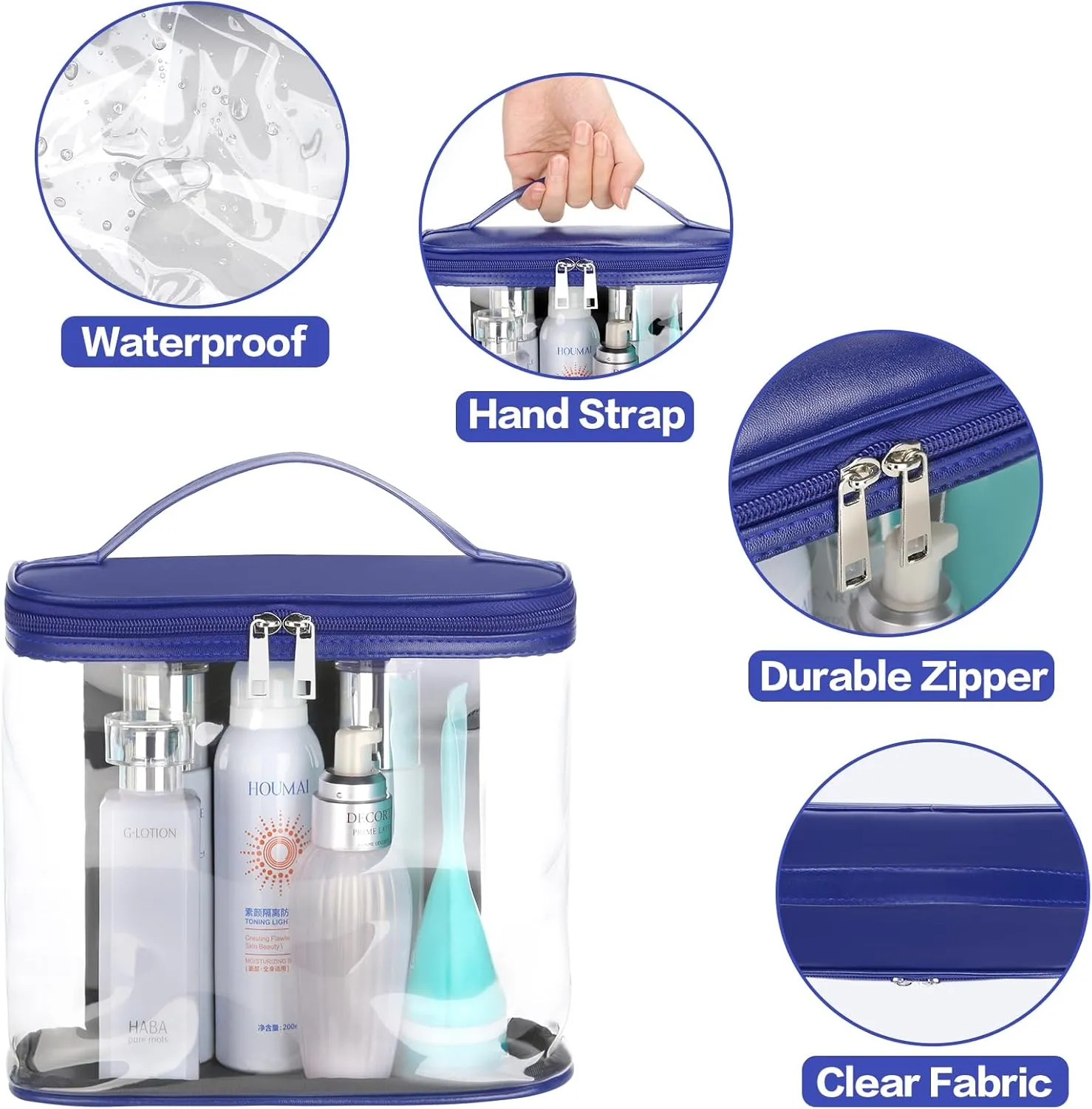 HAOGUAGUA Heavy Duty Leak Proof Clear Travel Bags for Toiletries, Transparent Makeup Cosmetic Bag with Zipper and Handle (1PCS BLUE, Large)