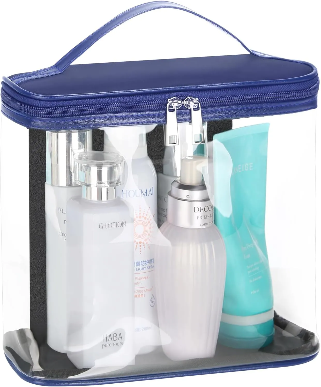 HAOGUAGUA Heavy Duty Leak Proof Clear Travel Bags for Toiletries, Transparent Makeup Cosmetic Bag with Zipper and Handle (1PCS BLUE, Large)