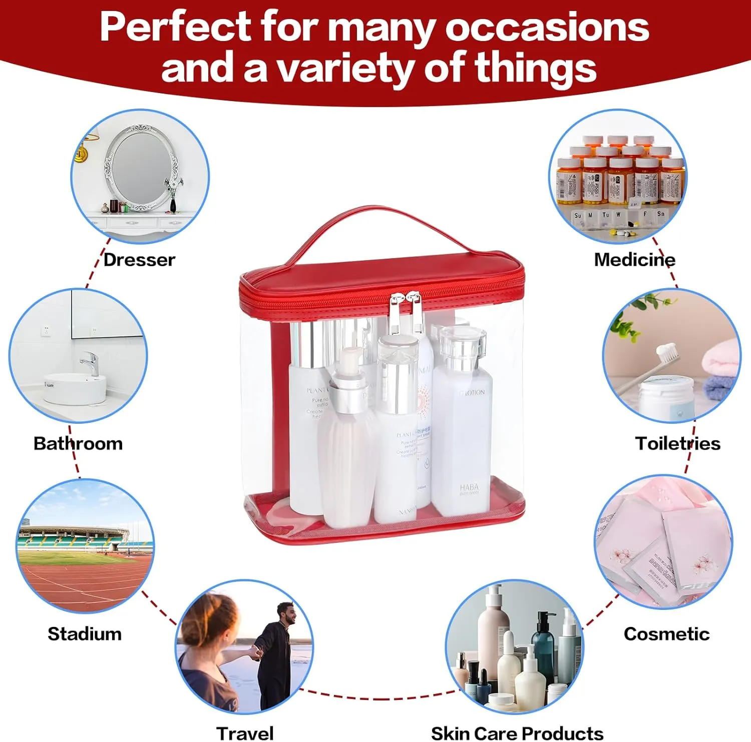 HAOGUAGUA Heavy Duty Leak Proof Clear Travel Bags for Toiletries, Transparent Makeup Cosmetic Bag with Zipper and Handle (1PCS RED, Large)