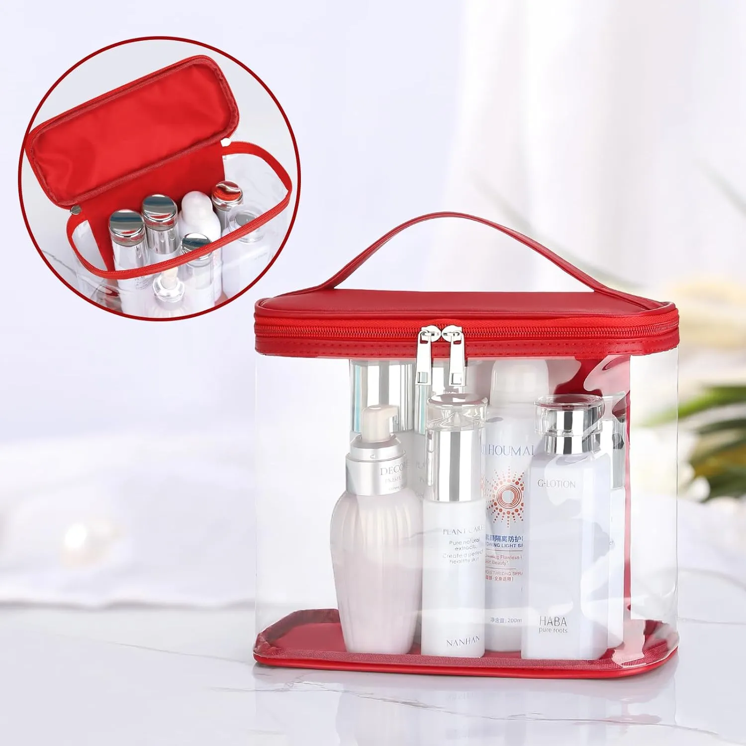 HAOGUAGUA Heavy Duty Leak Proof Clear Travel Bags for Toiletries, Transparent Makeup Cosmetic Bag with Zipper and Handle (1PCS RED, Large)