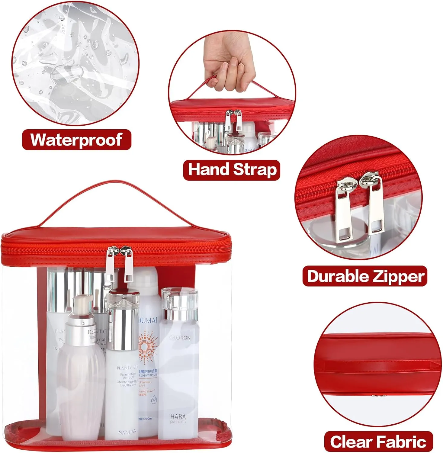 HAOGUAGUA Heavy Duty Leak Proof Clear Travel Bags for Toiletries, Transparent Makeup Cosmetic Bag with Zipper and Handle (1PCS RED, Large)