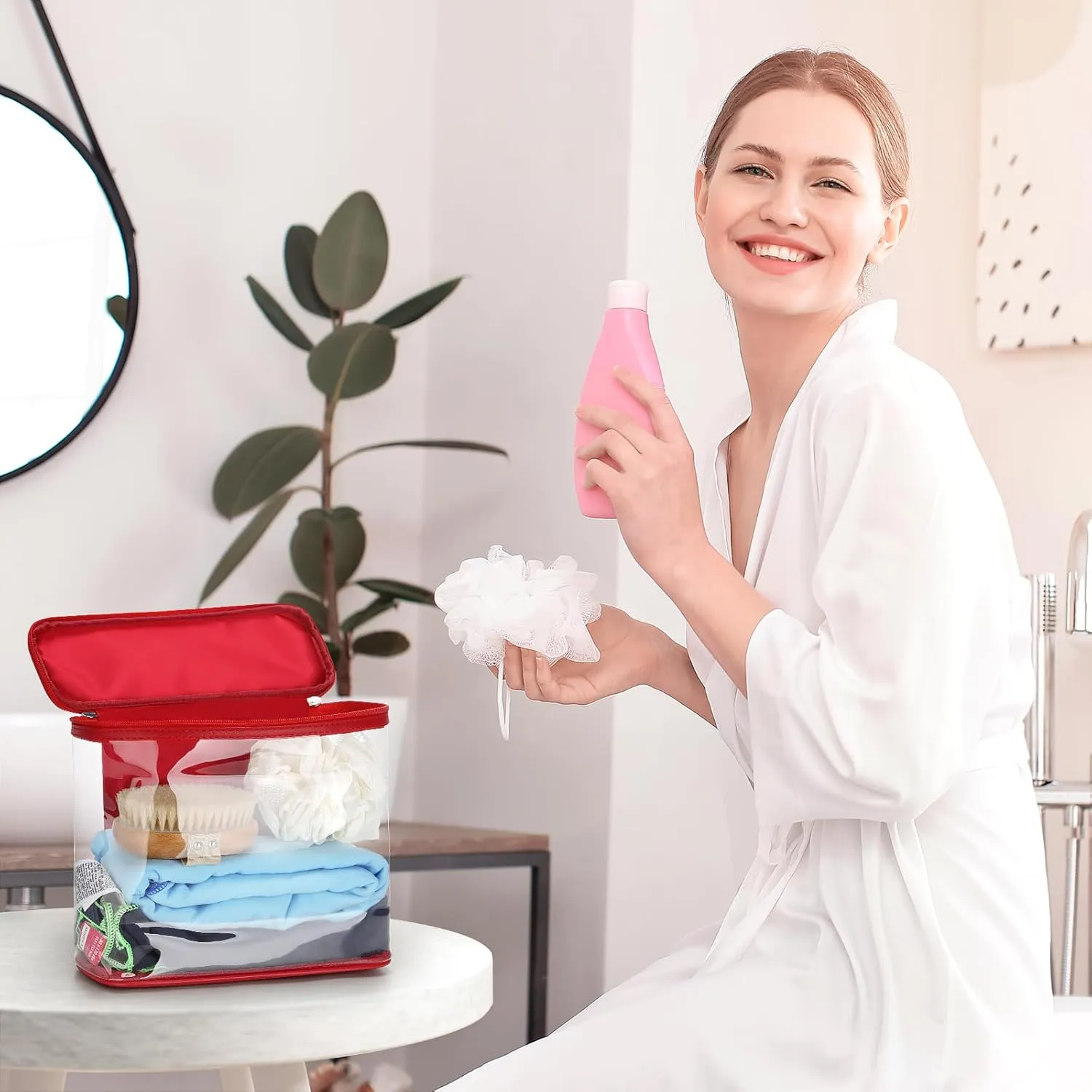 HAOGUAGUA Heavy Duty Leak Proof Clear Travel Bags for Toiletries, Transparent Makeup Cosmetic Bag with Zipper and Handle (1PCS RED, Large)
