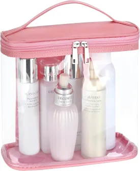 HAOGUAGUA Heavy Duty Leak Proof Clear Travel Bags for Toiletries, Transparent Makeup Cosmetic Bag with Zipper and Handle (Large, 1PCS Pink)
