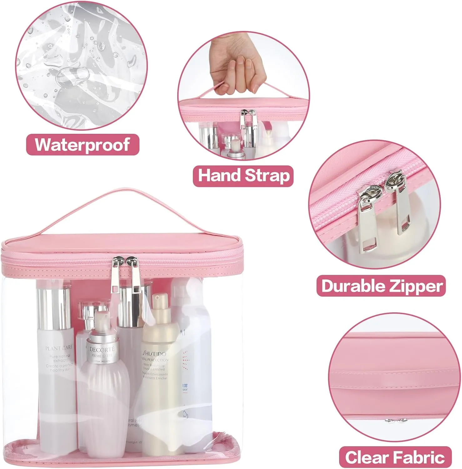 HAOGUAGUA Heavy Duty Leak Proof Clear Travel Bags for Toiletries, Transparent Makeup Cosmetic Bag with Zipper and Handle (Large, 1PCS Pink)