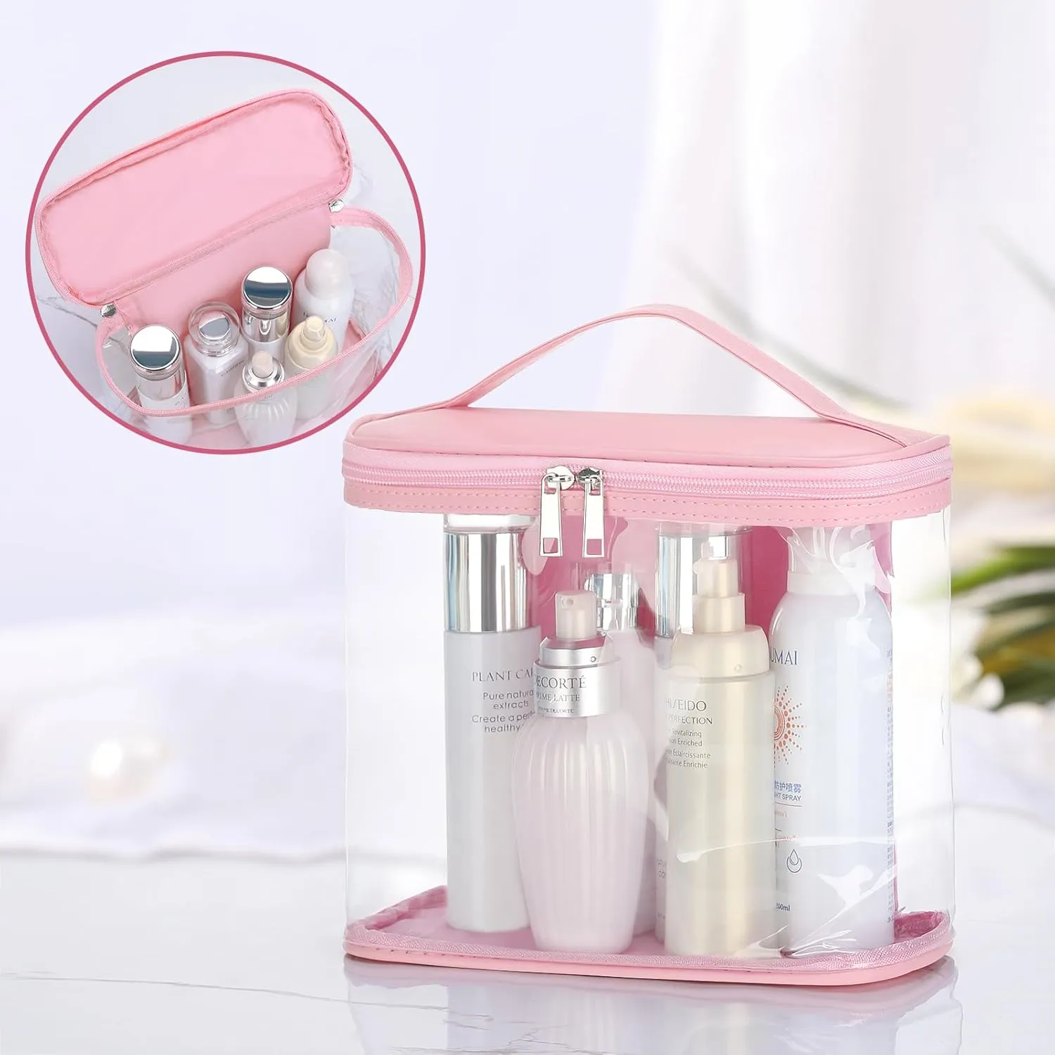 HAOGUAGUA Heavy Duty Leak Proof Clear Travel Bags for Toiletries, Transparent Makeup Cosmetic Bag with Zipper and Handle (Large, 1PCS Pink)