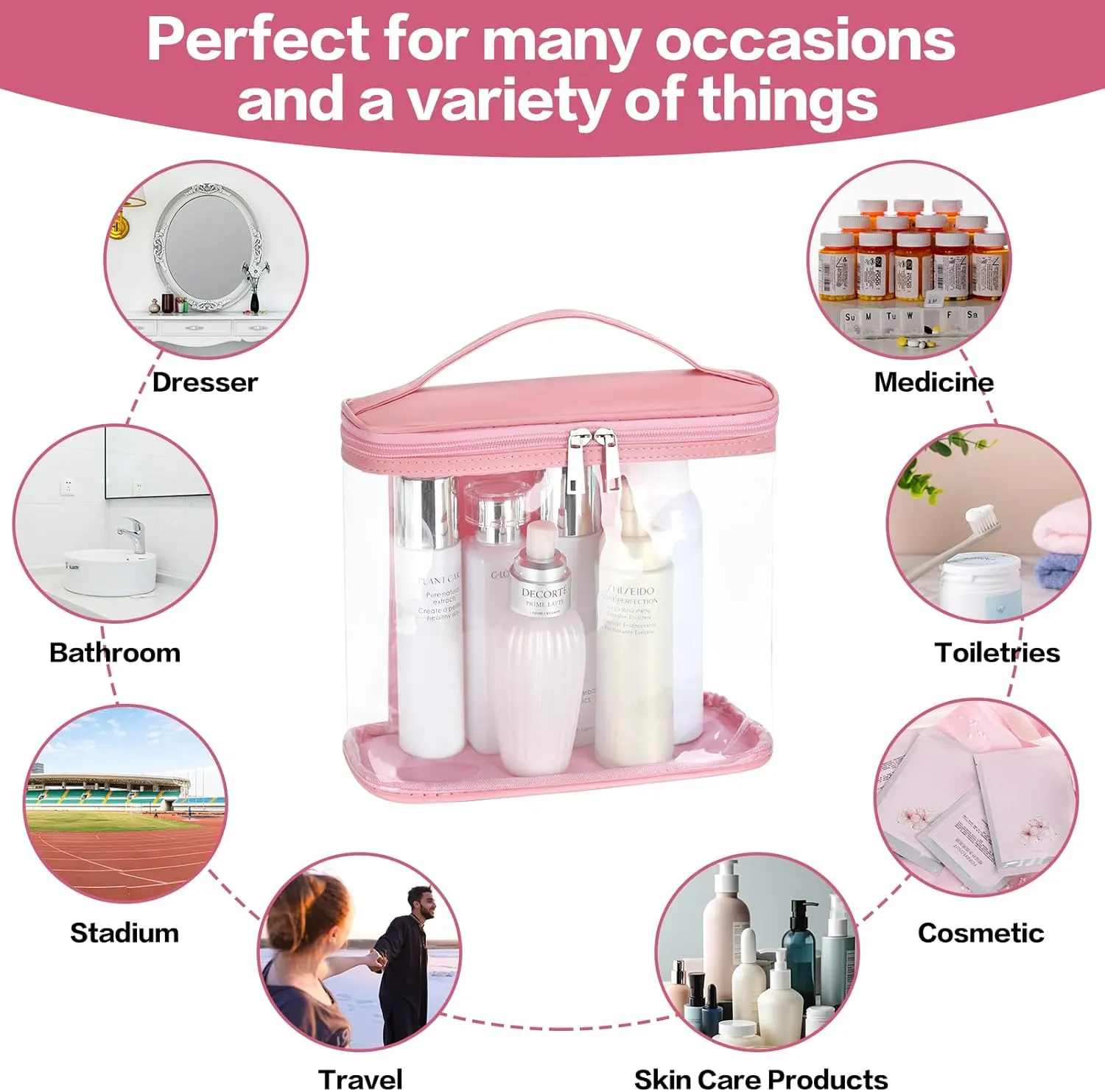 HAOGUAGUA Heavy Duty Leak Proof Clear Travel Bags for Toiletries, Transparent Makeup Cosmetic Bag with Zipper and Handle (Large, 1PCS Pink)