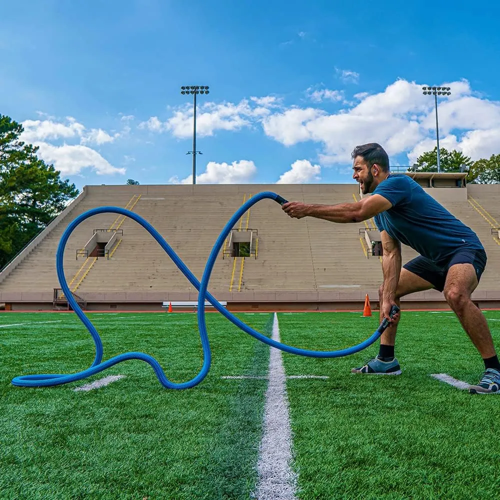 HYPERWEAR Hyper Rope Weighted Short Battle Rope (15lb or 19lb, 1.5in x 20ft/25ft)  Anchor Optional, Full-Body Workouts in 6ft of Space (Blue or Black)