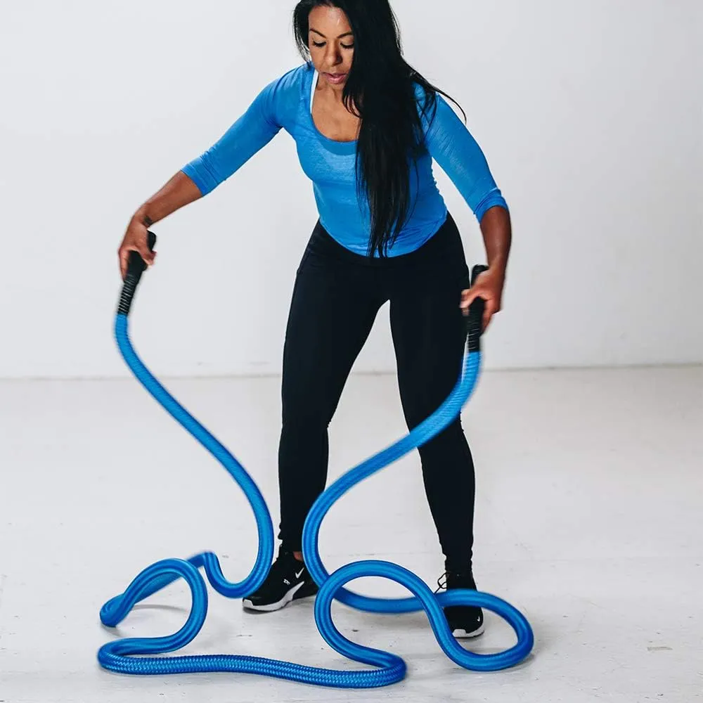 HYPERWEAR Hyper Rope Weighted Short Battle Rope (15lb or 19lb, 1.5in x 20ft/25ft)  Anchor Optional, Full-Body Workouts in 6ft of Space (Blue or Black)