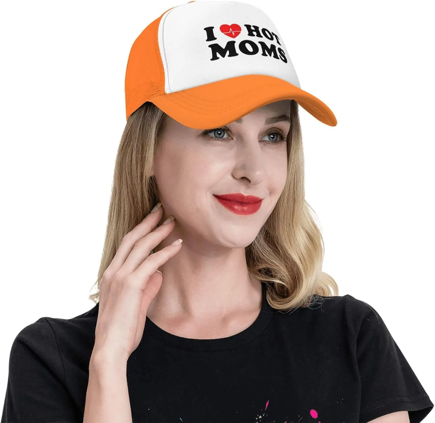 I Love Heart Hot Moms Funny Adjustable Mesh Trucker Hat for Adults Unisex Classic Hats Fishing Caps Black
