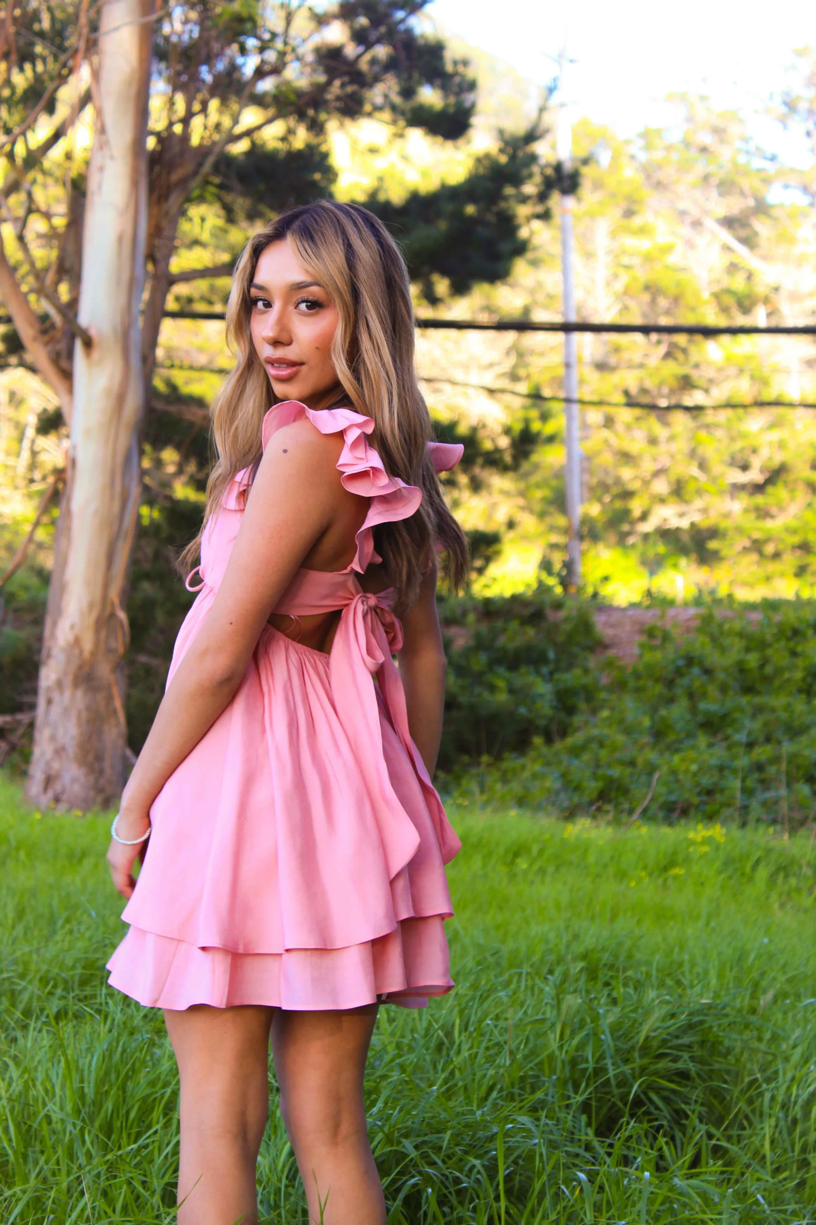 Itzia Tie Front/Tie Back Mini Dress- Pink Shimmer