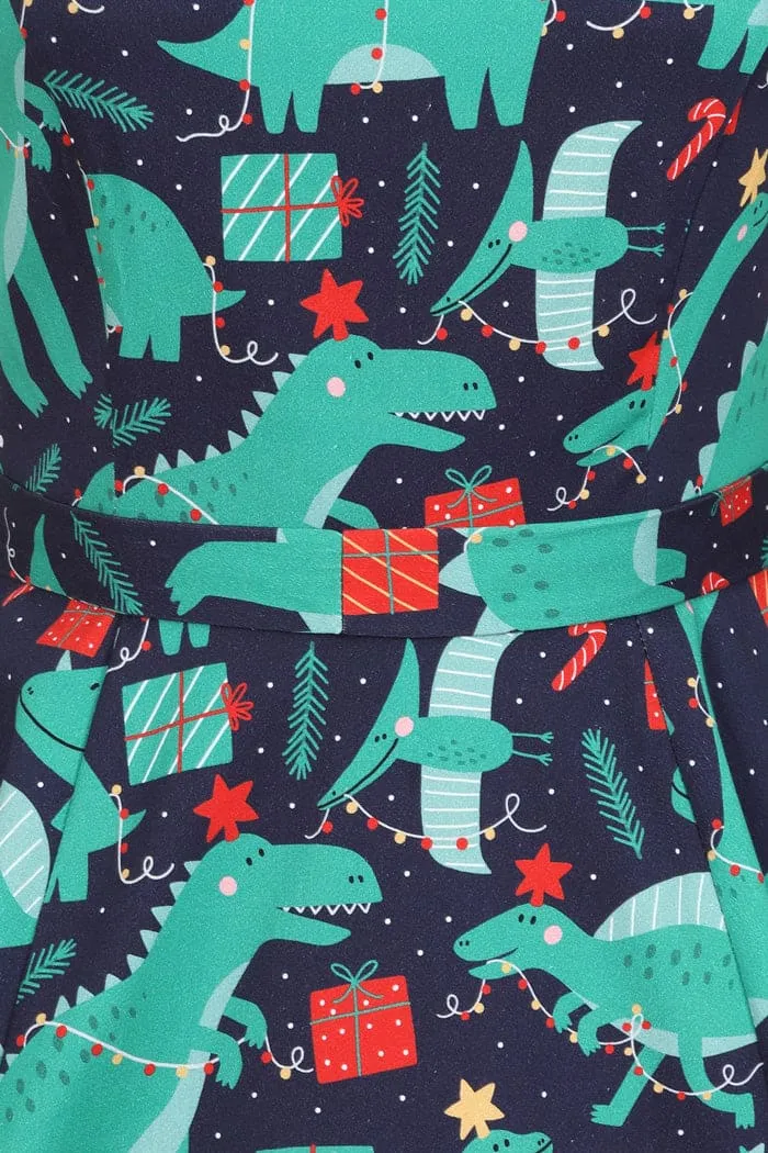 Lady Vintage Hepburn Dress in Dino Xmas Print Christmas