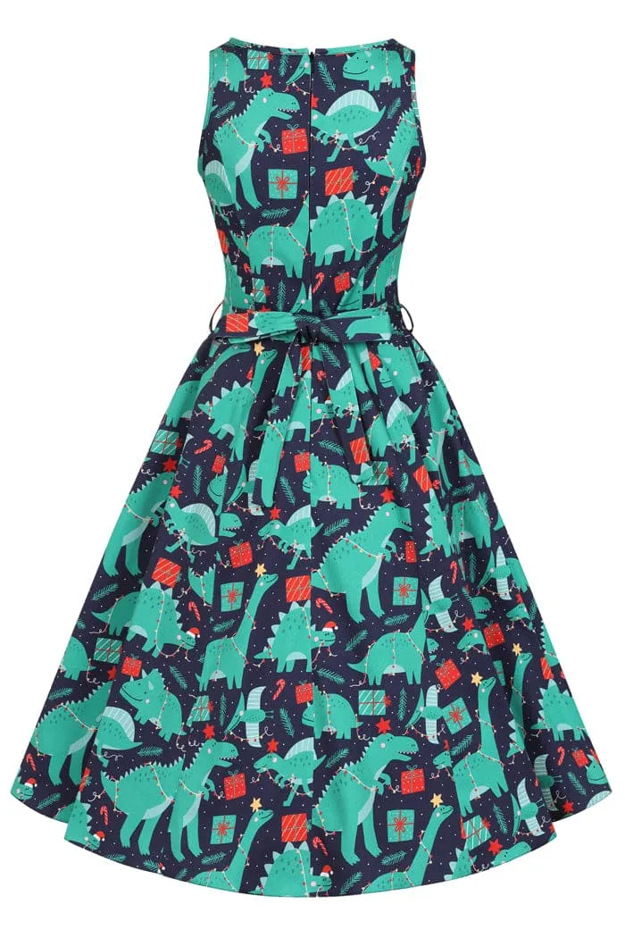 Lady Vintage Hepburn Dress in Dino Xmas Print Christmas