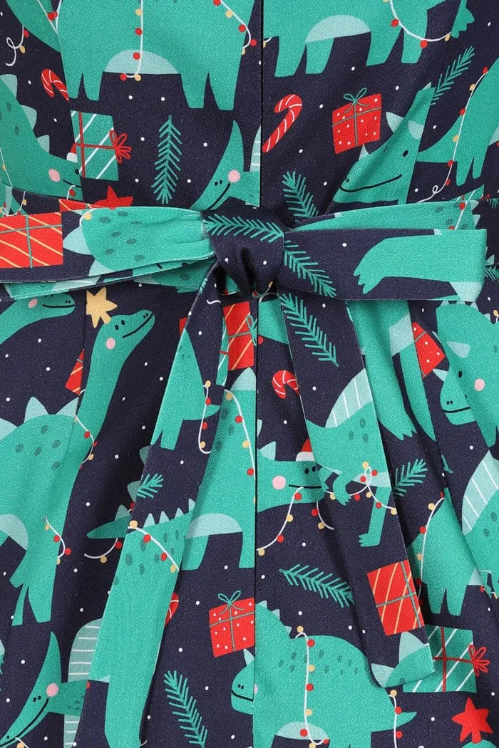 Lady Vintage Hepburn Dress in Dino Xmas Print Christmas