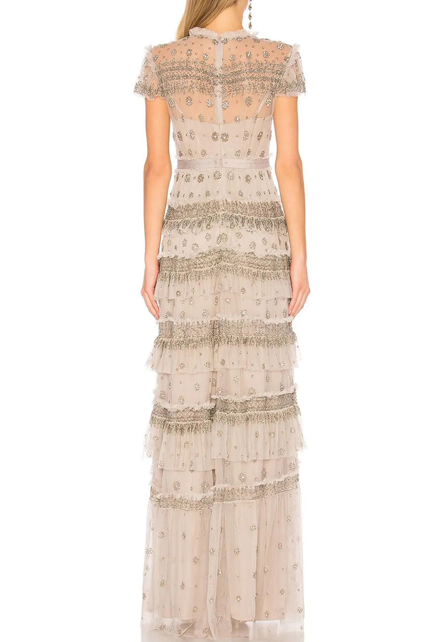 Light Grey Short Sleeves Embellished Ruffled Tiered Gown (UK 12)