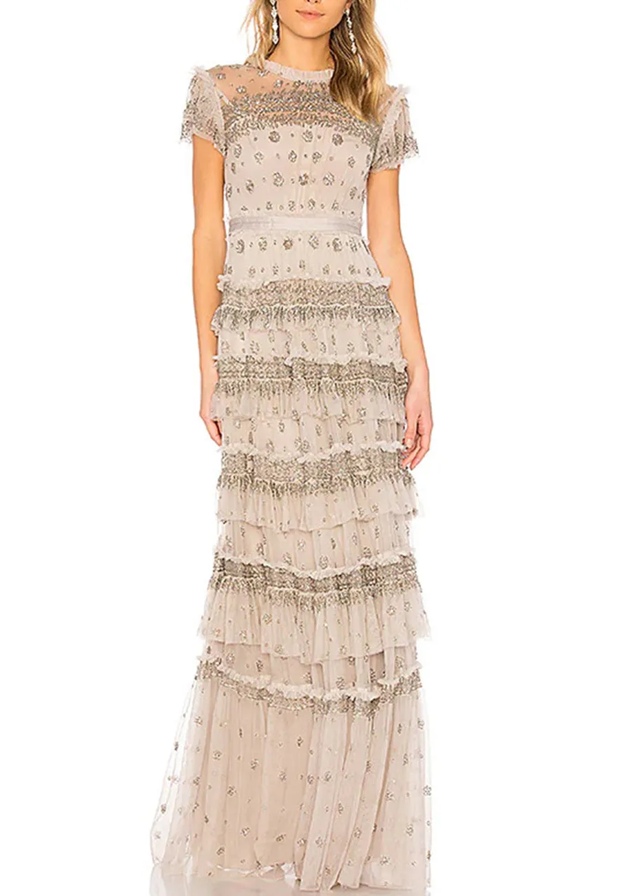 Light Grey Short Sleeves Embellished Ruffled Tiered Gown (UK 12)