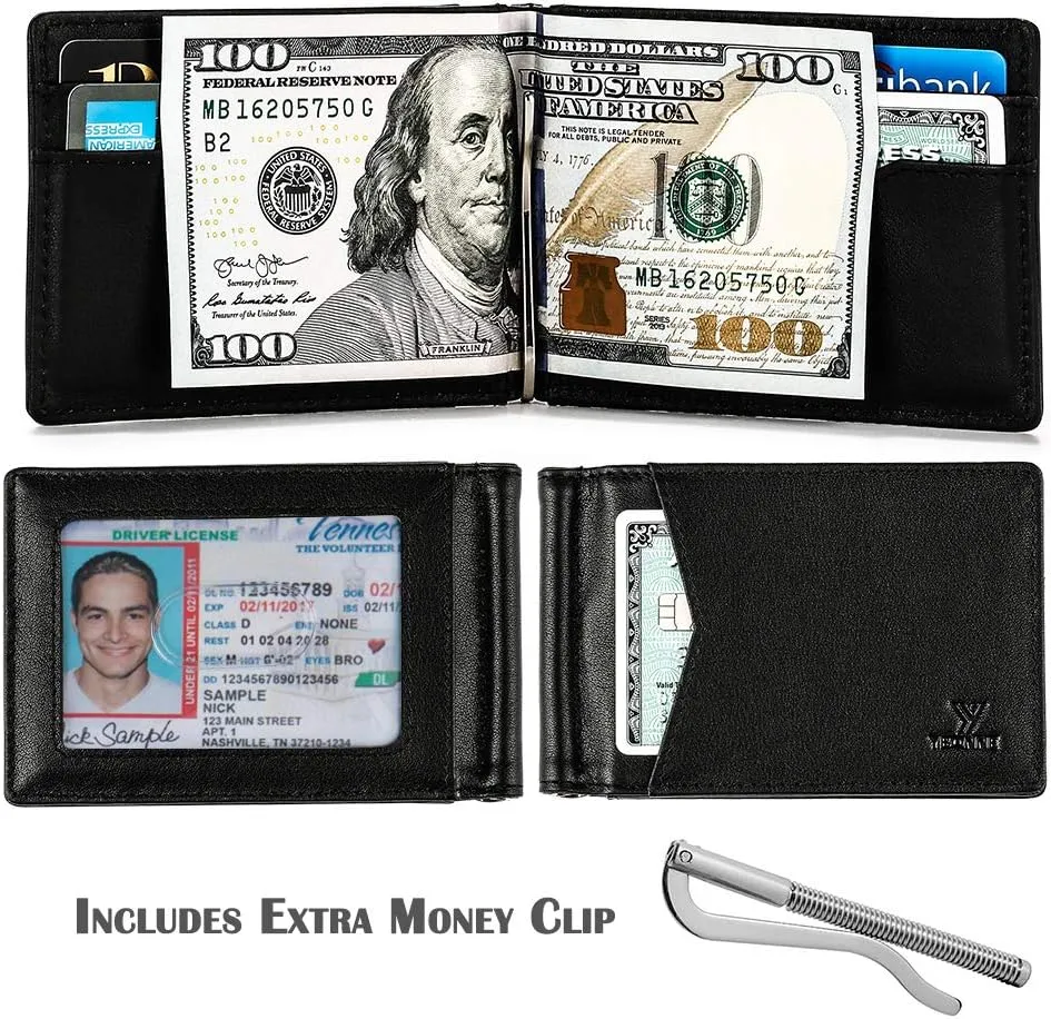 Mens Slim Wallet with Money Clip Front Pocket RFID Blocking Thin Bifold Leather Card Holder Minimalist Mini Billfold