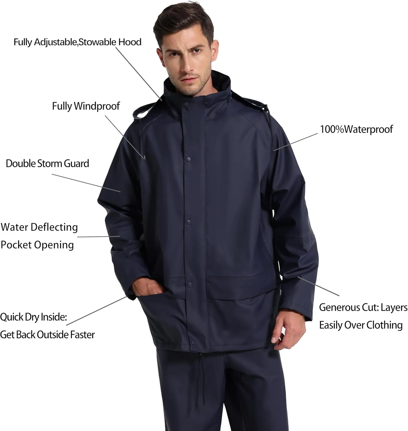 Men's Workwear PRO Rain Suit - Waterproof Jacket and Bib Pants 3-piece Set for Ultimate Safety and Comfort