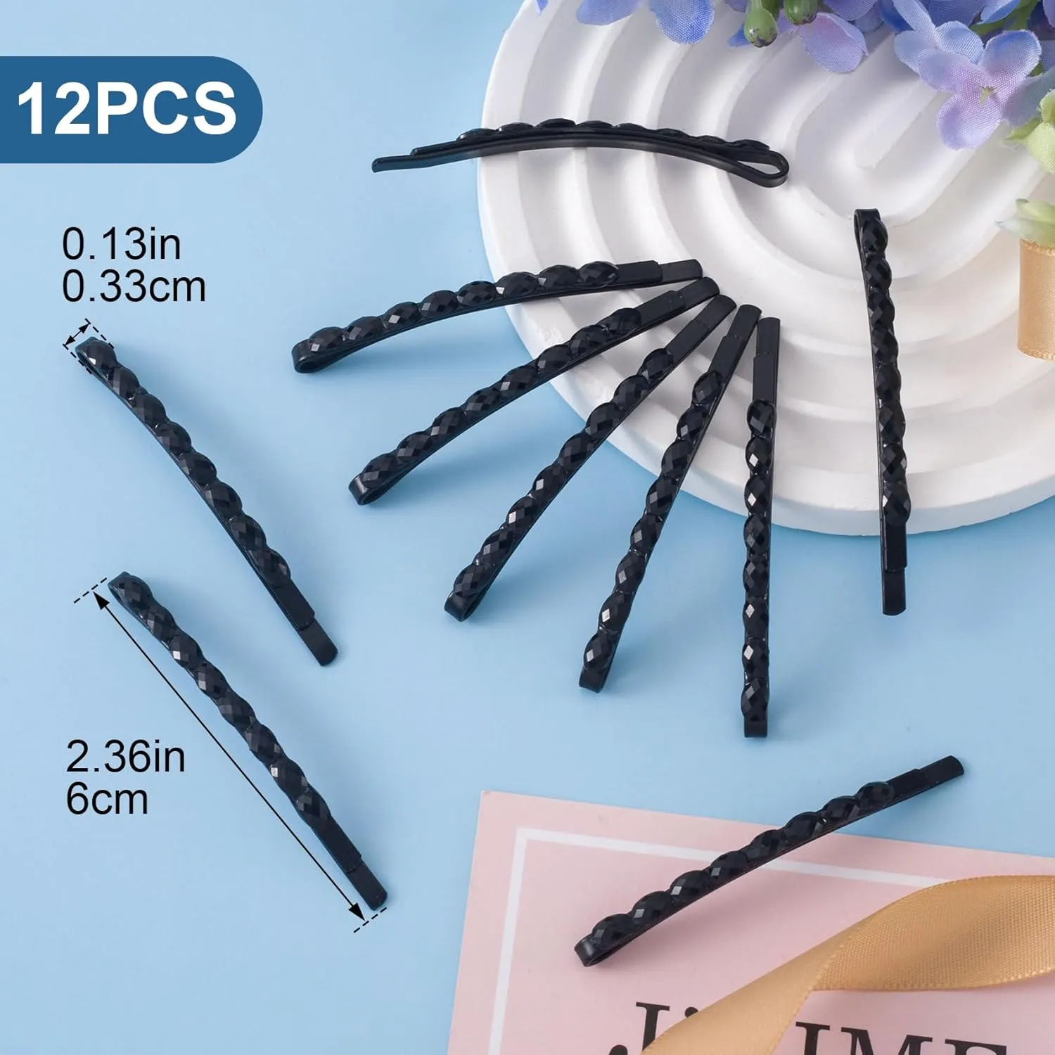 OIIKI 12 Pcs Black Rhinestone Bobby Pins, Shiny Oval Crystal Diamond Hair Pins for Women, Metal Hair Barrettes Hairpins, Decorative Hair Accessories for Daily Use or Parties