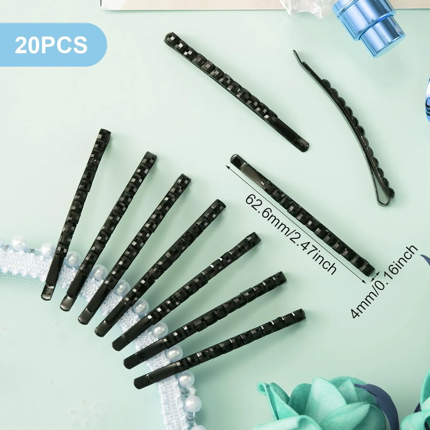 OIIKI 20 Pcs Black Rhinestone Bobby Pins, Shiny Crystal Diamond Hair Pins for Women, Metal Hair Barrettes Hairpins, Decorative Hair Accessories for Daily Use or Parties