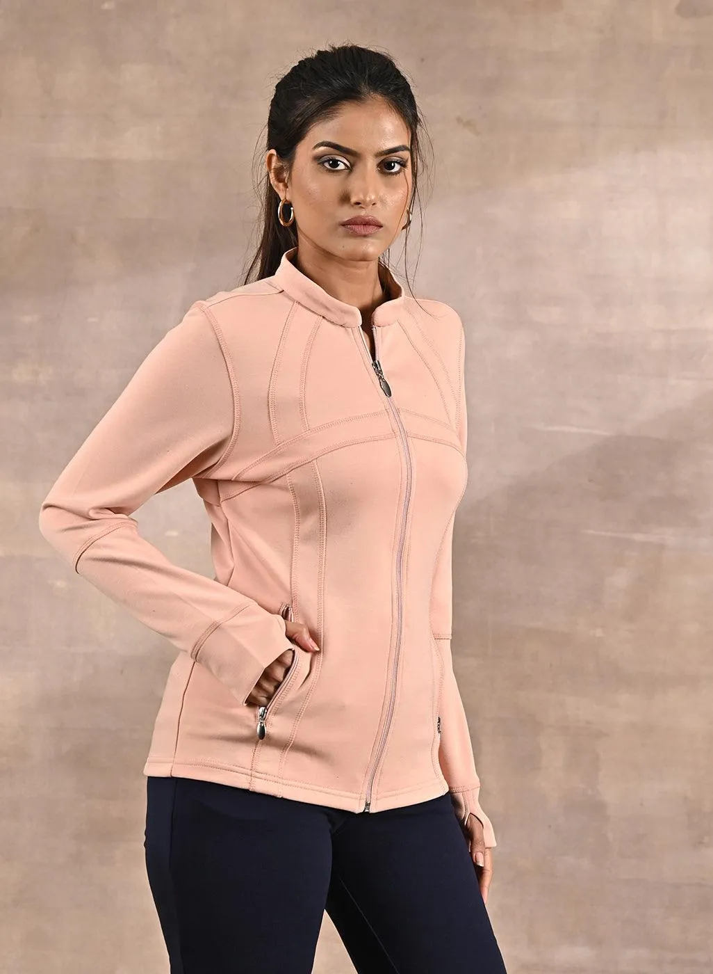 Stylish Peach Long-sleeve Jacket with Elegant Decorative Cuts