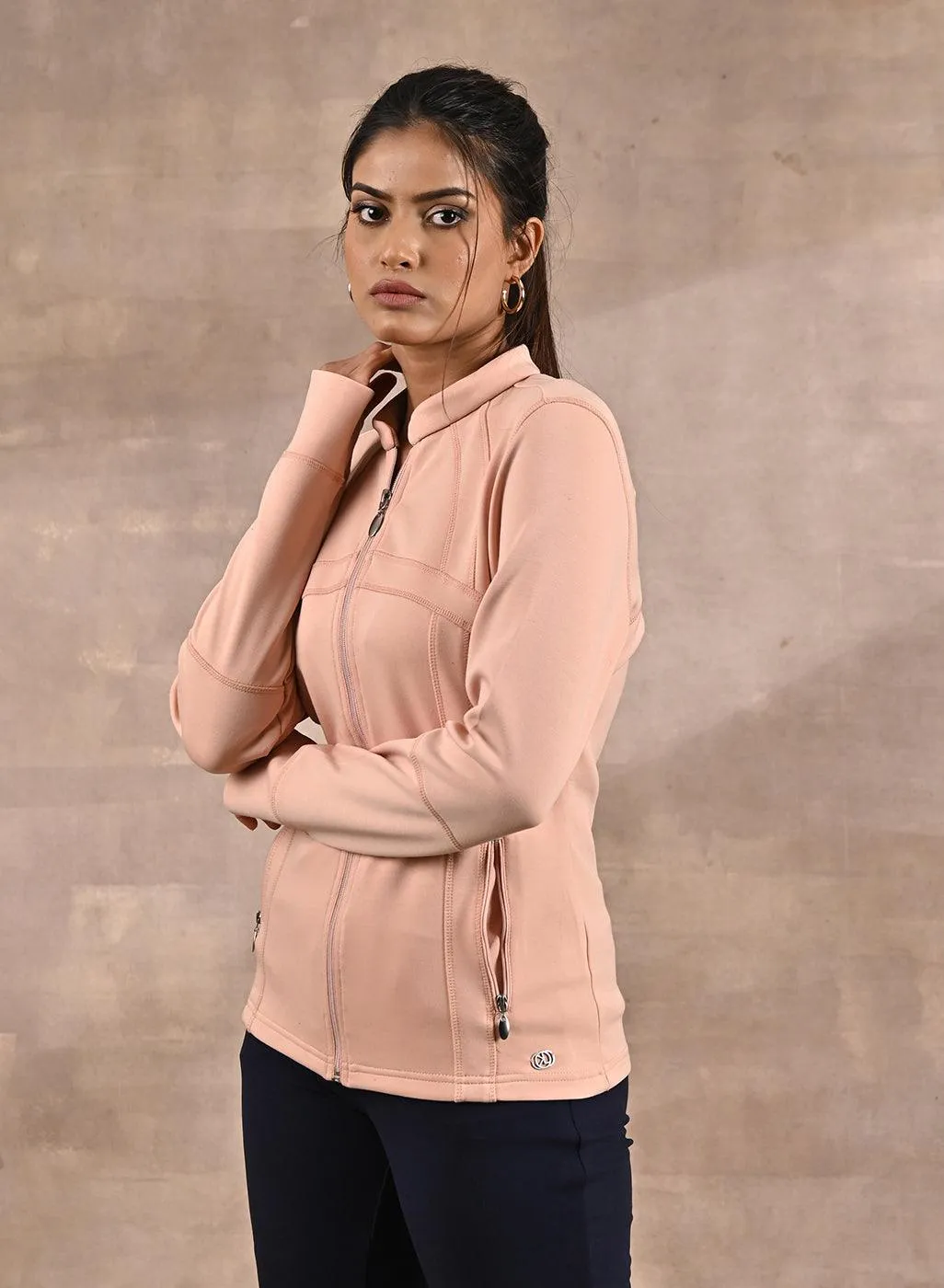 Stylish Peach Long-sleeve Jacket with Elegant Decorative Cuts