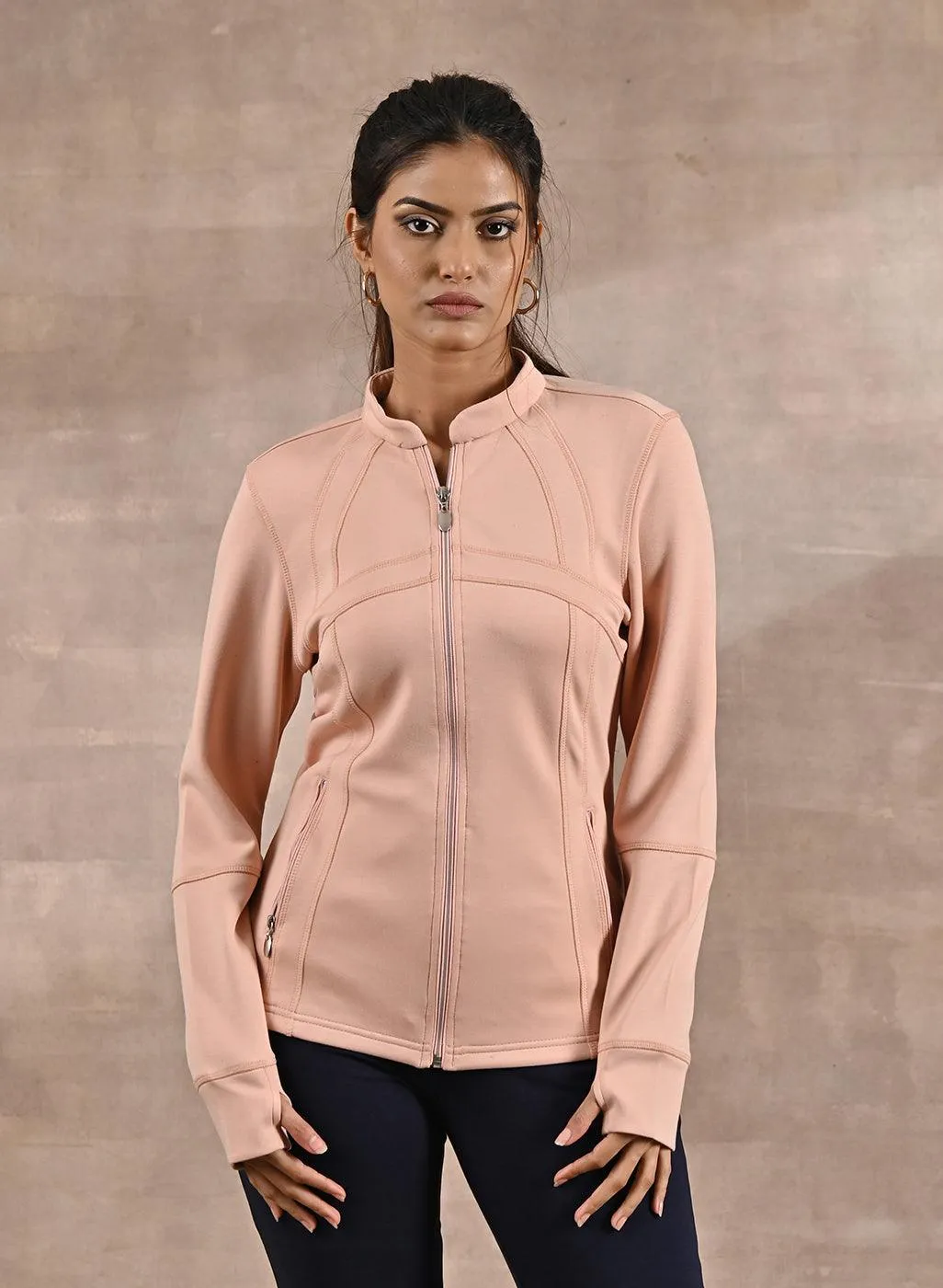 Stylish Peach Long-sleeve Jacket with Elegant Decorative Cuts