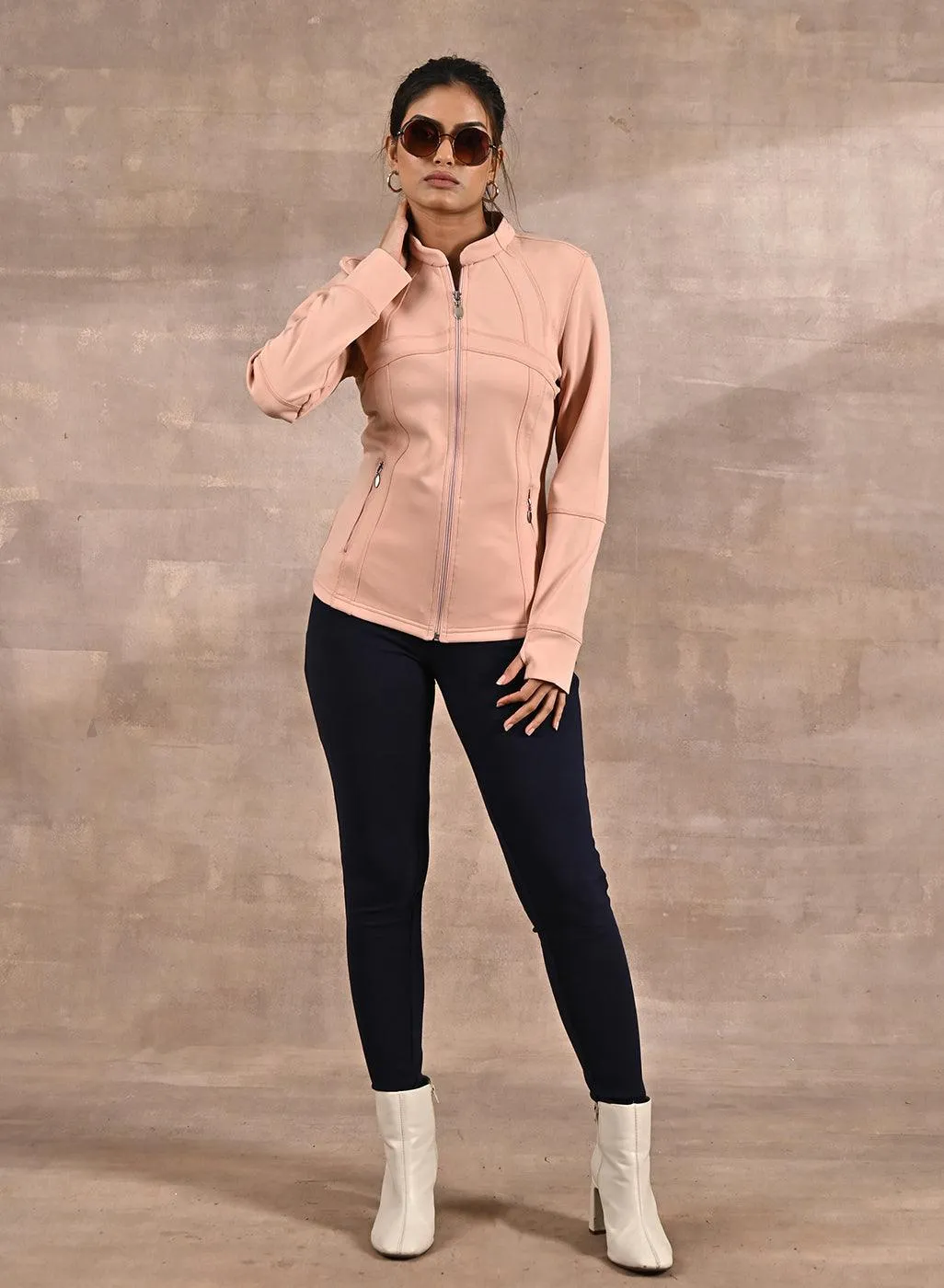 Stylish Peach Long-sleeve Jacket with Elegant Decorative Cuts