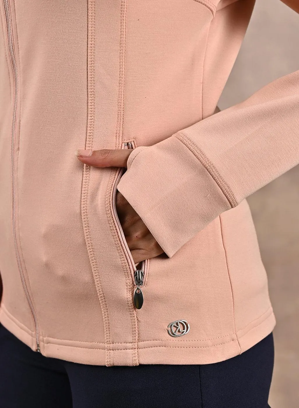 Stylish Peach Long-sleeve Jacket with Elegant Decorative Cuts