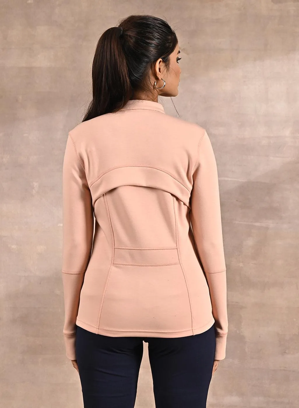 Stylish Peach Long-sleeve Jacket with Elegant Decorative Cuts