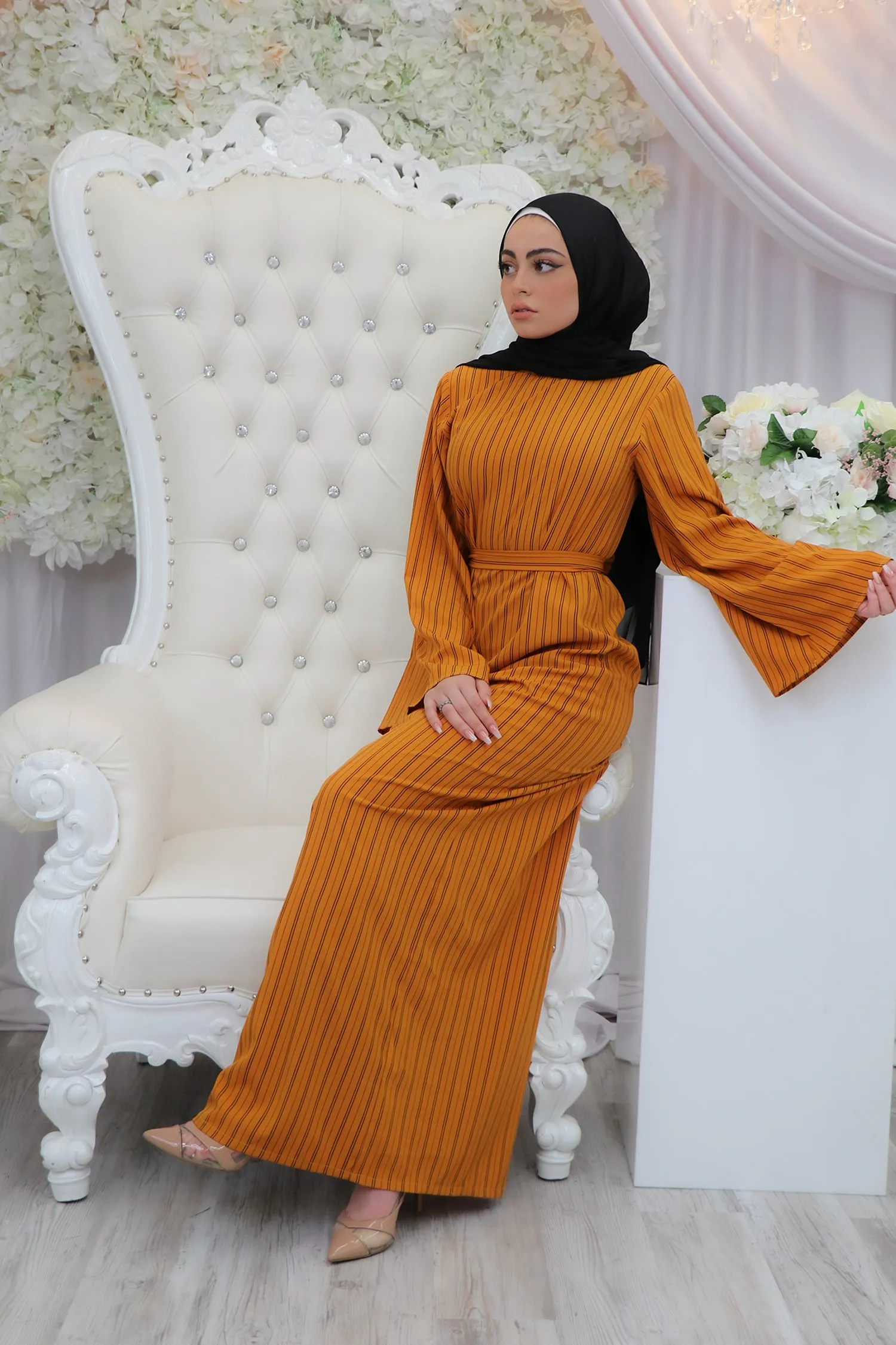 Petite Sheath Wide Sleeve Stripe Dress- Orange