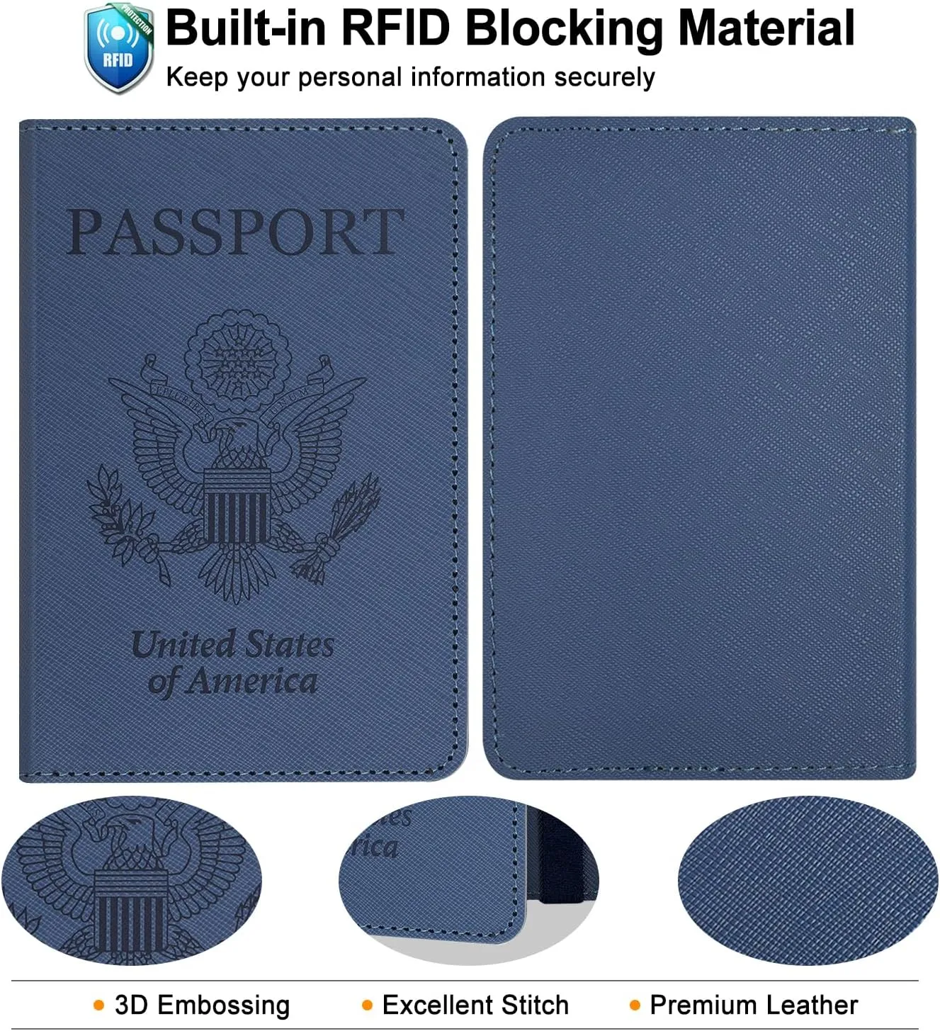 RSAquar Passport Holder for Women and Men, Premium PU Leather Travel Passport Wallet RFID Blocking Passport Cover Travel Documents Organizer (JD-Blue)