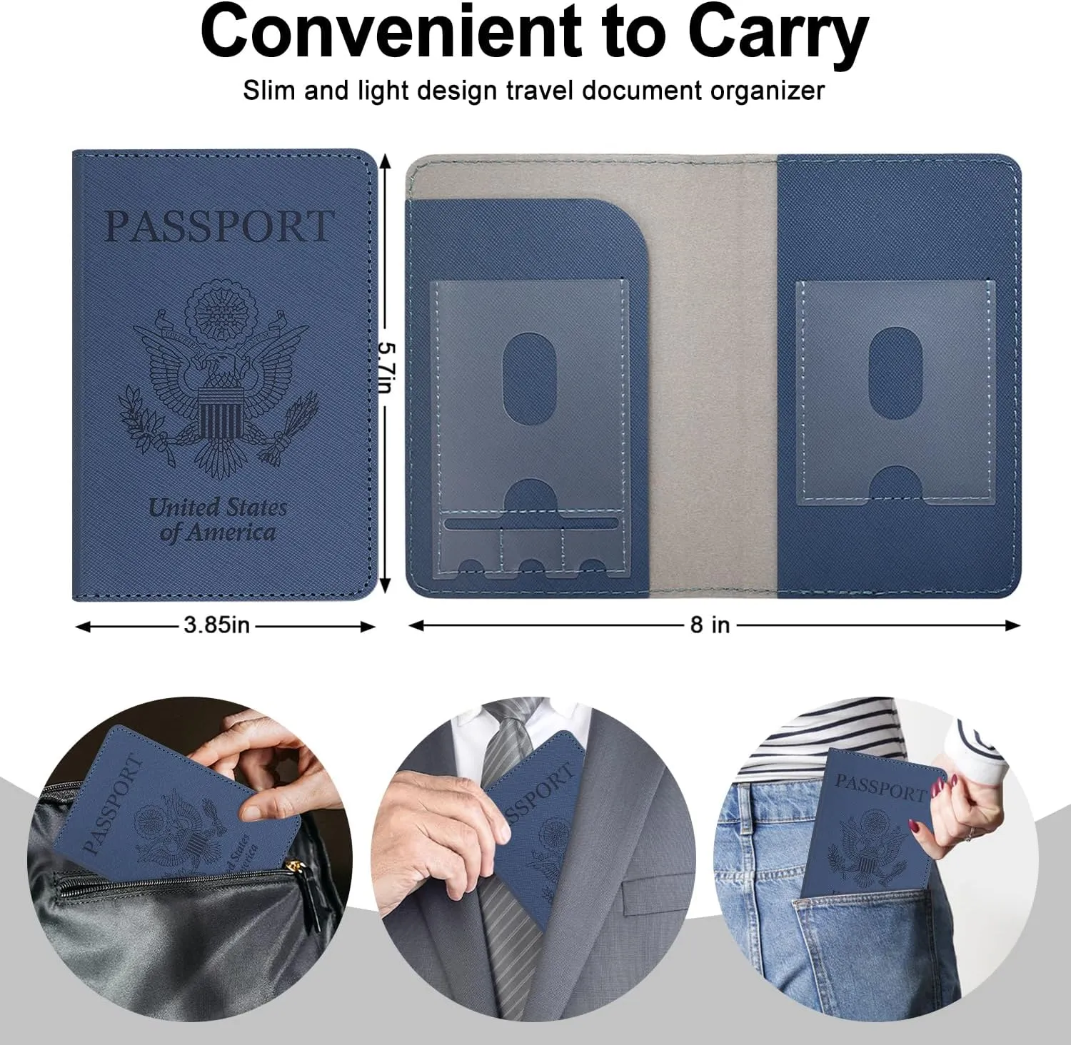 RSAquar Passport Holder for Women and Men, Premium PU Leather Travel Passport Wallet RFID Blocking Passport Cover Travel Documents Organizer (JD-Blue)