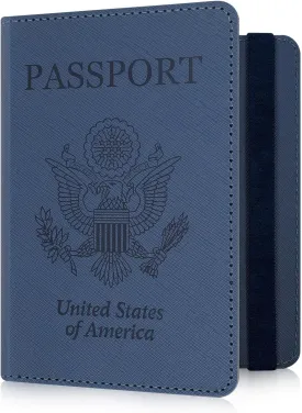 RSAquar Passport Holder for Women and Men, Premium PU Leather Travel Passport Wallet RFID Blocking Passport Cover Travel Documents Organizer (JD-Blue)