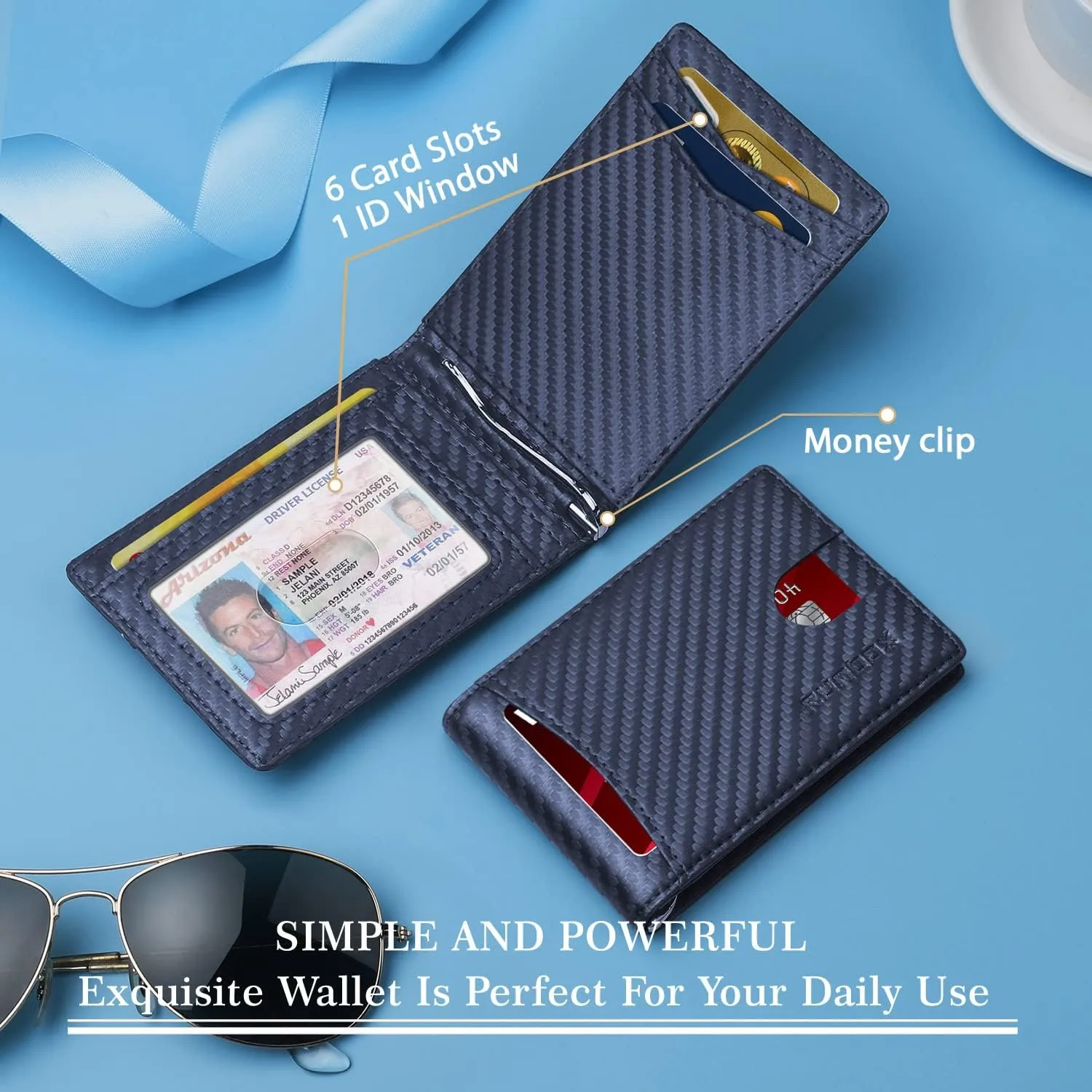 RUNBOX Genuine Leather Slim Wallet for Men RFID Blocking Bifold Minimalist Front Pocket Mens Wallet with Money Clip Thin Gift Box