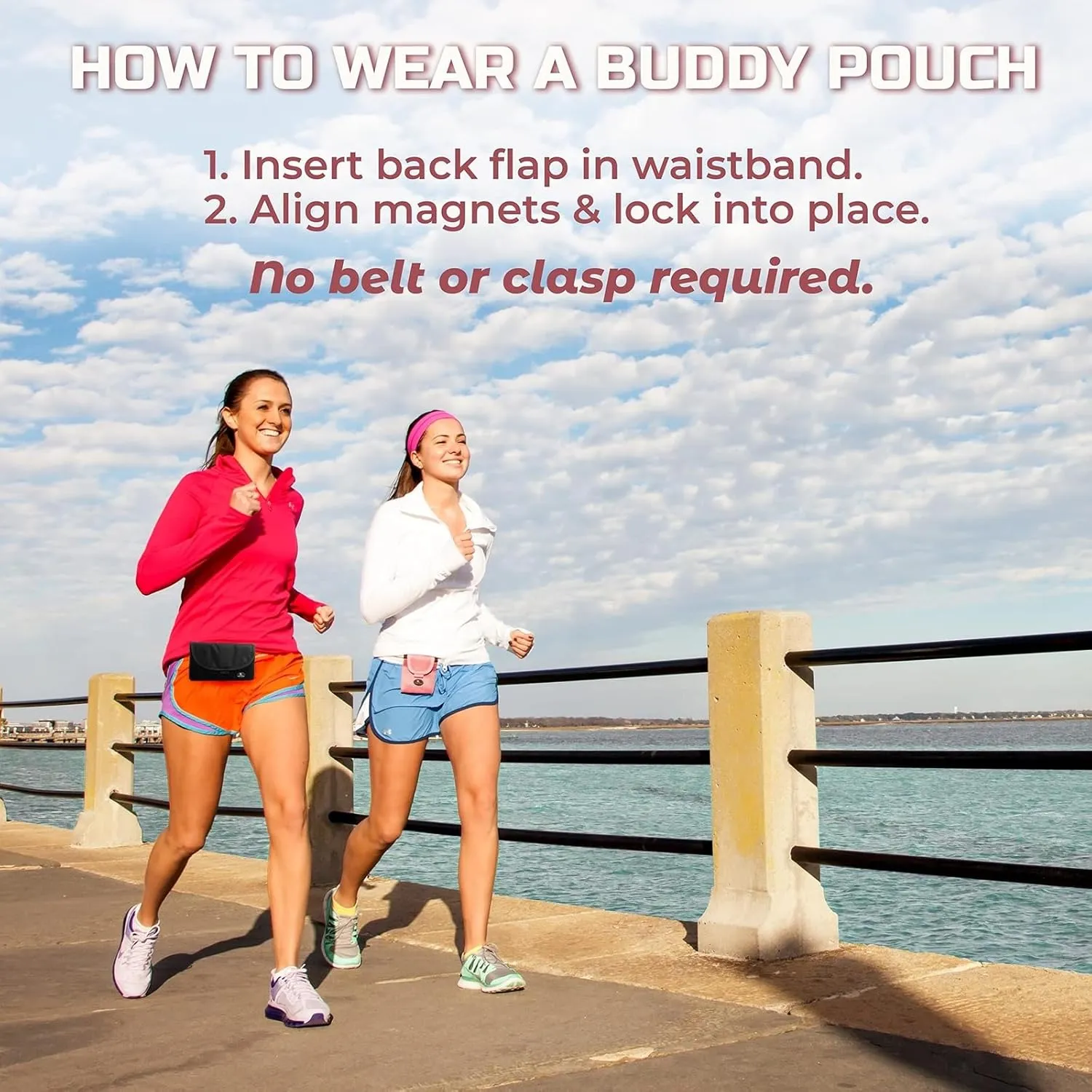 Running Buddy Magnetic Buddy Pouch, Beltess, Chafe and Bounce Free, Runners Fanny Pack, Phone Holder, Great for Running, Walking, Traveling & More, For Men & Women - 6-3/4 L x 4 W - Black and Pink