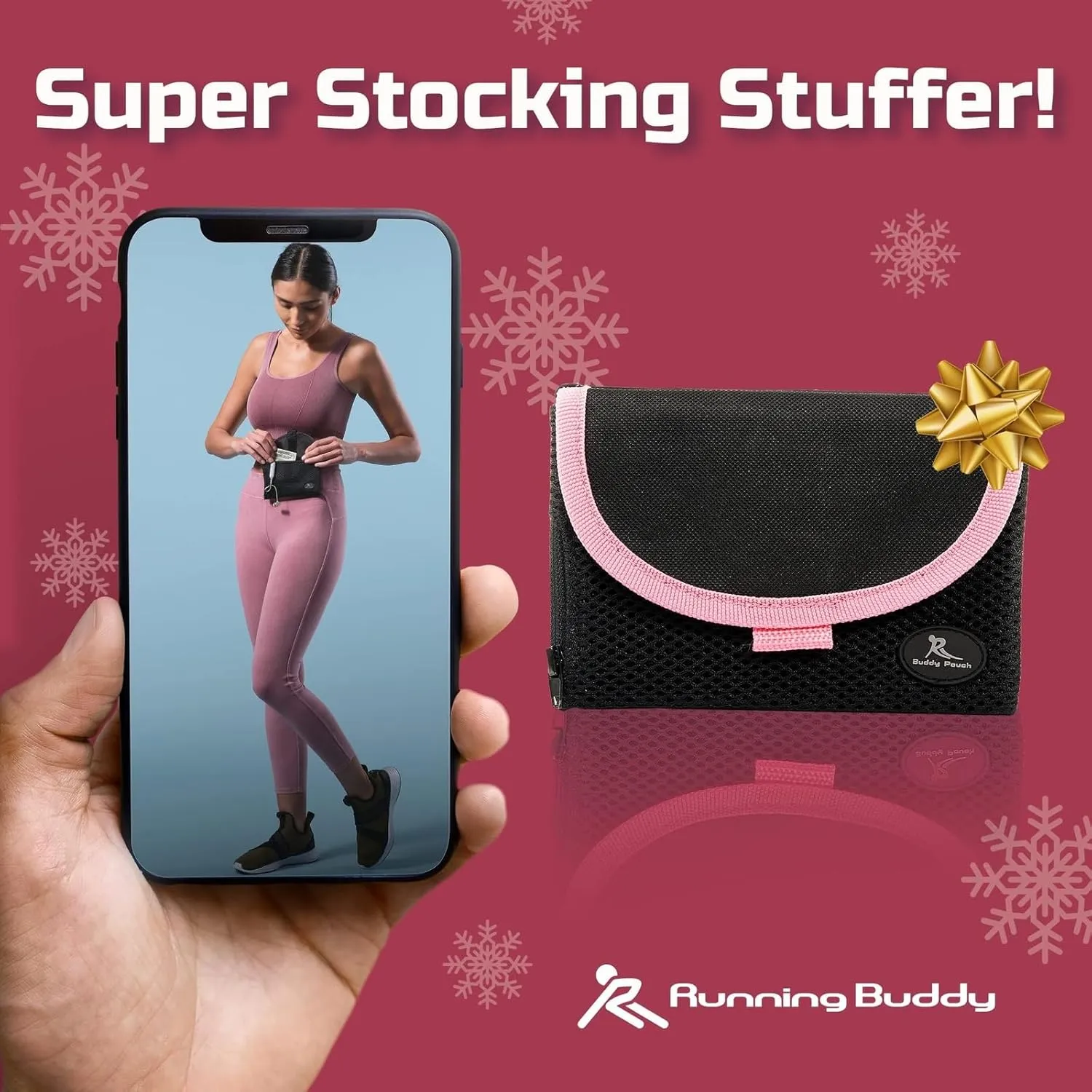 Running Buddy Magnetic Buddy Pouch, Beltess, Chafe and Bounce Free, Runners Fanny Pack, Phone Holder, Great for Running, Walking, Traveling & More, For Men & Women - 6-3/4 L x 4 W - Black and Pink