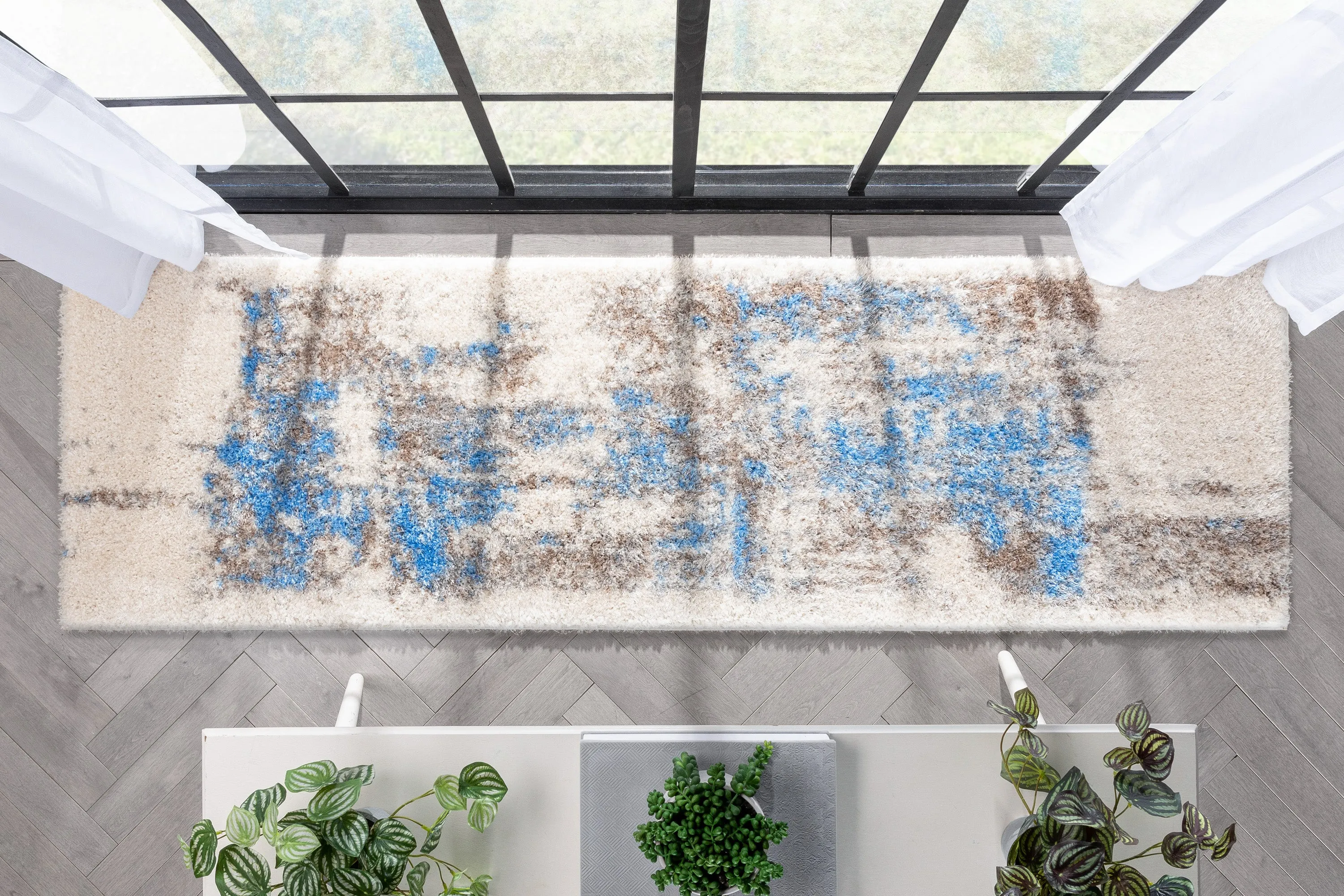 Sariah Modern Abstract Ivory Blue Shag Rug
