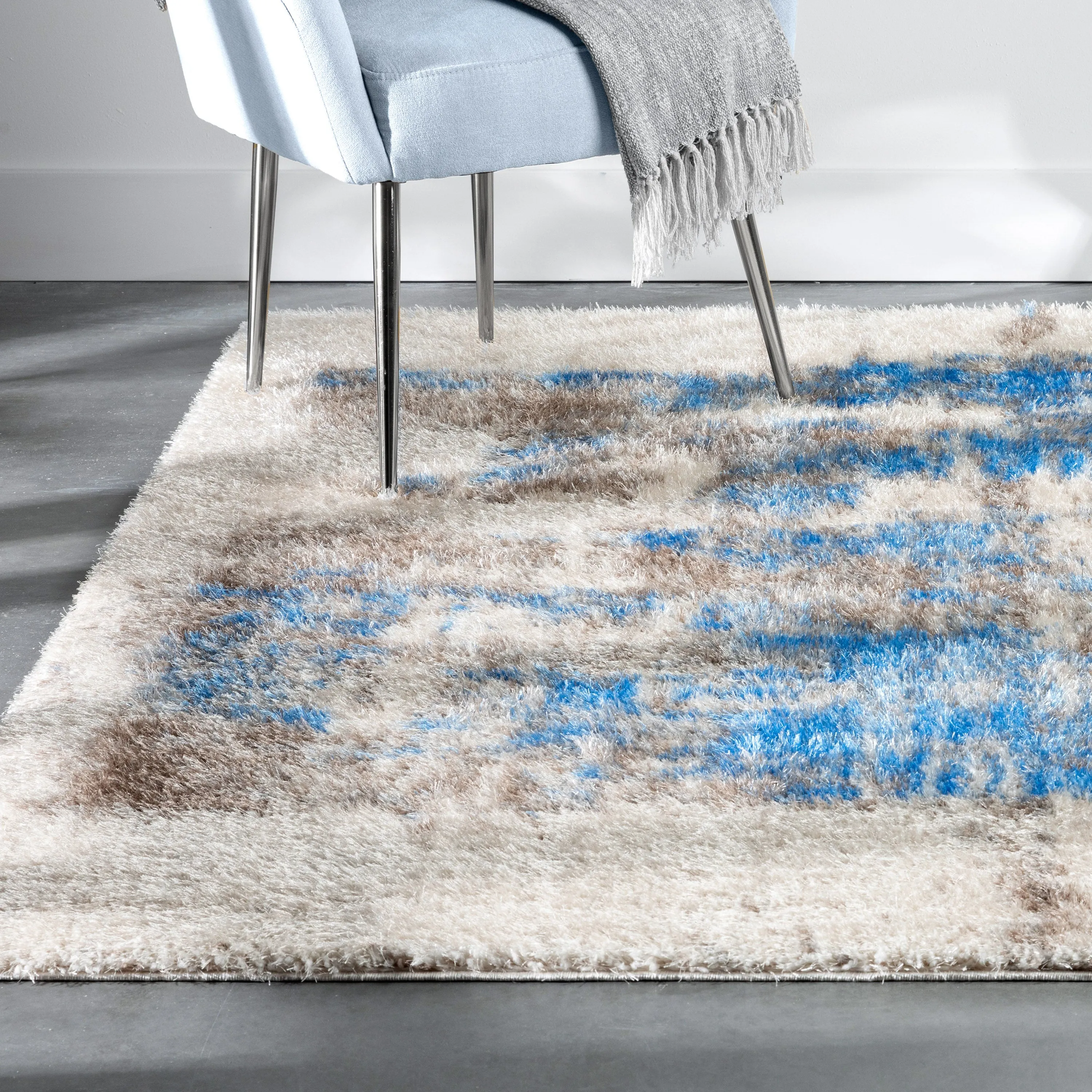 Sariah Modern Abstract Ivory Blue Shag Rug
