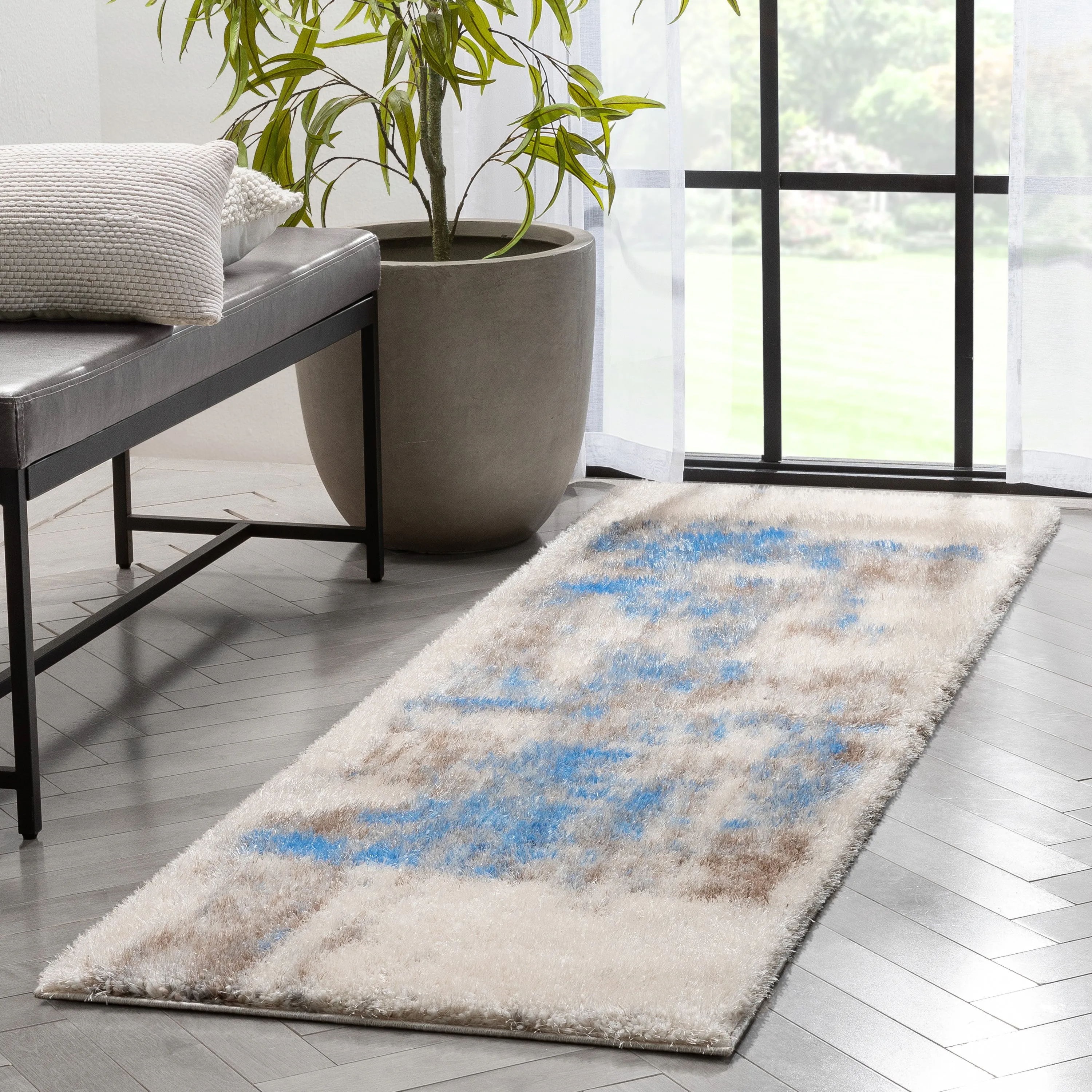 Sariah Modern Abstract Ivory Blue Shag Rug