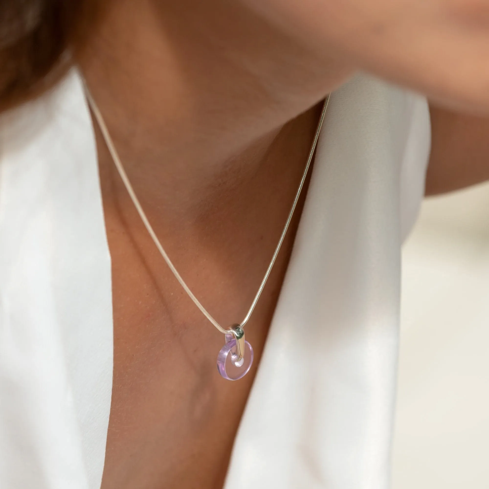 Silver Purple Spinning Disc Necklace
