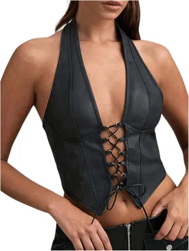 SOLY HUX Women's PU Leather Halter Top Lace Up Sleeveless Backless Y2k Crop Tank Tops